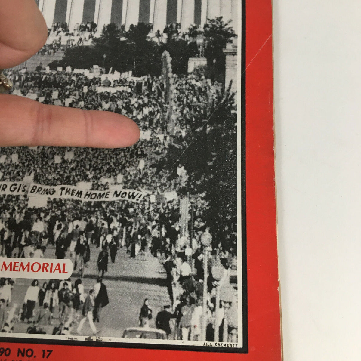Close-up view of the Time Magazine cover from October 27, 1967, Vol. 90 No. 17, highlighting protest marchers at Lincoln Memorial with a banner reading 'Support Our GIs, Bring Them Home Now!'.