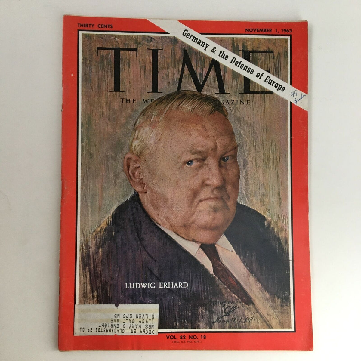 Time Magazine November 1, 1963, Vol. 82 No. 18, featuring an iconic cover image of Chancellor Ludwig Erhard of Germany, highlighting historical significance and political context.