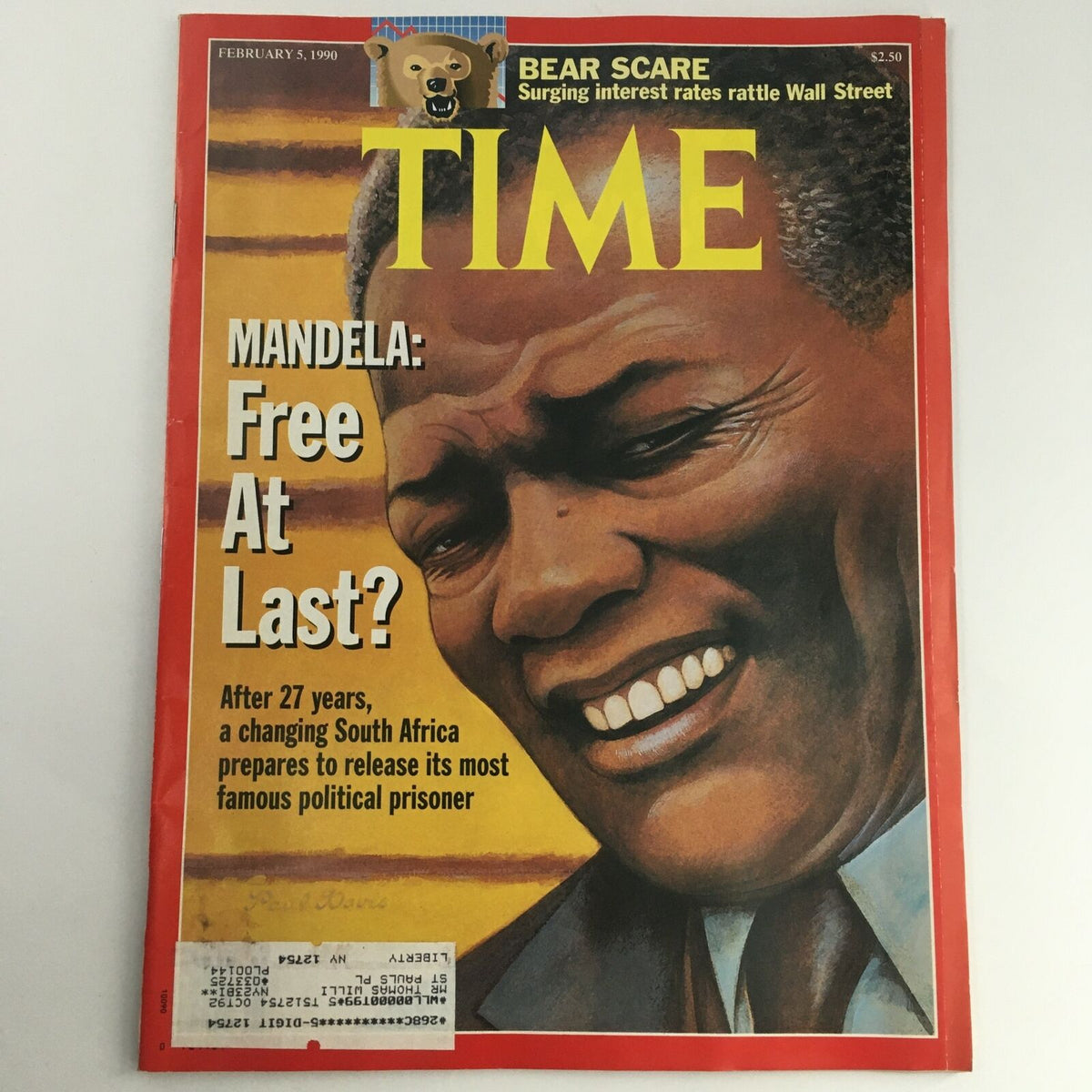 Cover of Time Magazine February 5 1990 highlighting Nelson Mandela with the headline 'Mandela: Free At Last?'. This iconic issue covers Mandela's release from prison after 27 years and the changing political landscape in South Africa.