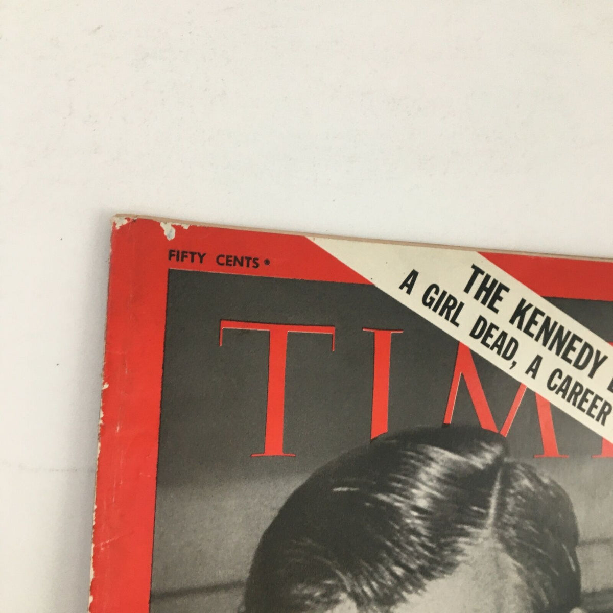 Close-up of the Time Magazine August 1 1969 cover, showcasing the title and the date along with the notable photo of Edward Kennedy after the funeral, including the magazine's price tag.