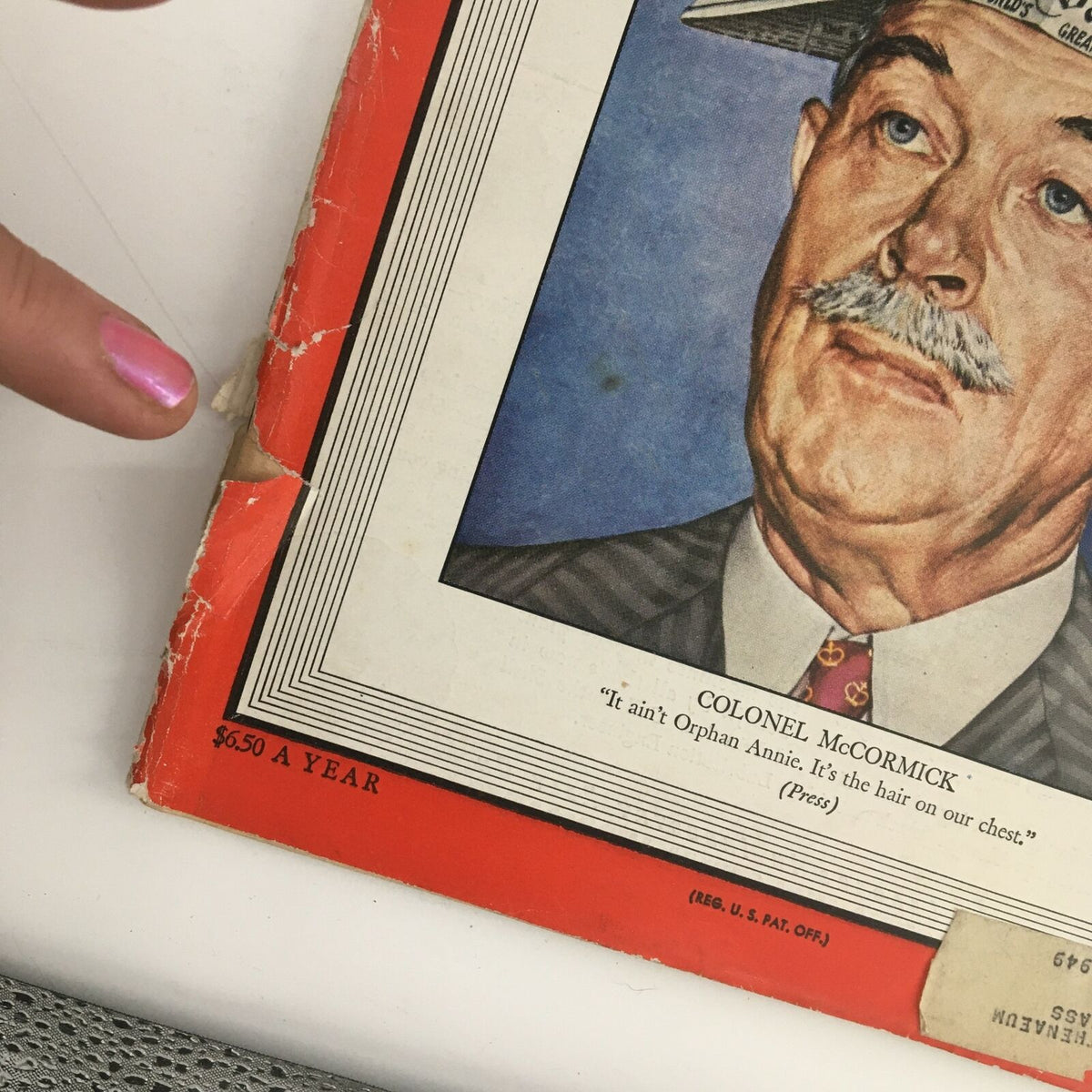 Close-up of the Time Magazine cover from June 9, 1947, showcasing Republican Robert R. "Colonel" McCormick and highlighting details such as the wear on the magazine's binding and the original price.
