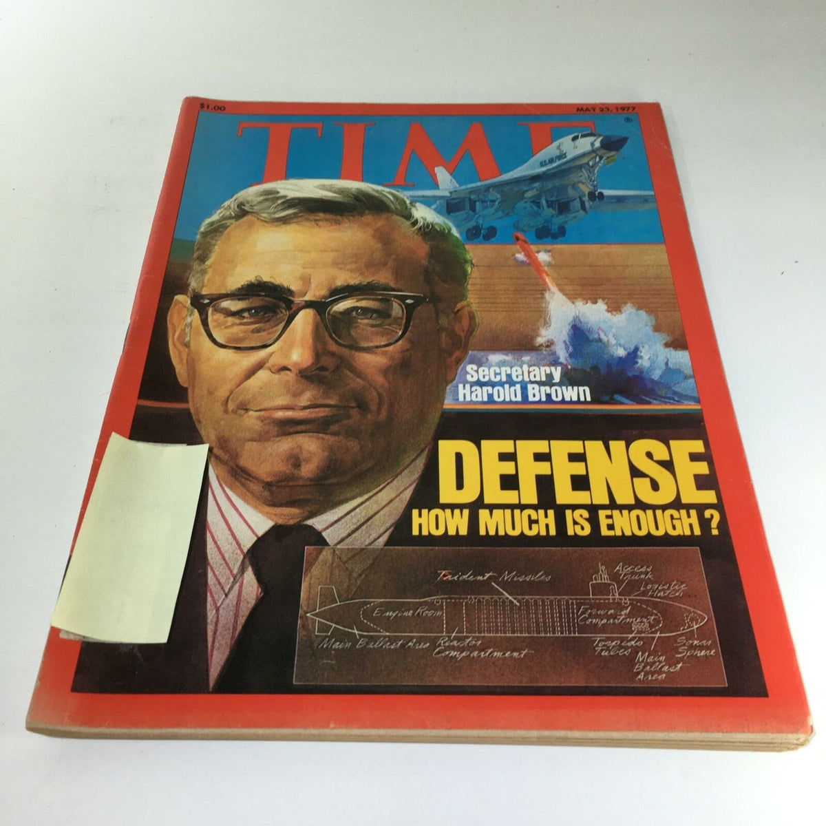 Cover of Time Magazine from May 23, 1977, featuring Secretary Harold Brown with the headline 'Defense: How Much Is Enough?' highlighting national defense issues.