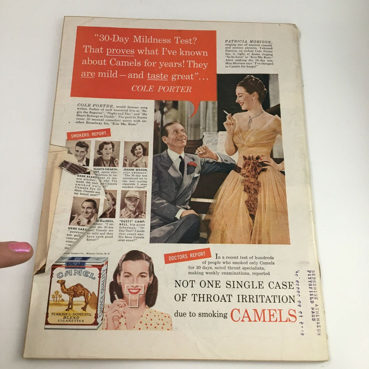 The back cover of the Time Magazine July 18, 1949, Vol 54 #3, featuring an advertisement related to Camel cigarettes and endorsements from iconic personalities like Cole Porter, reflecting advertising trends of the era.