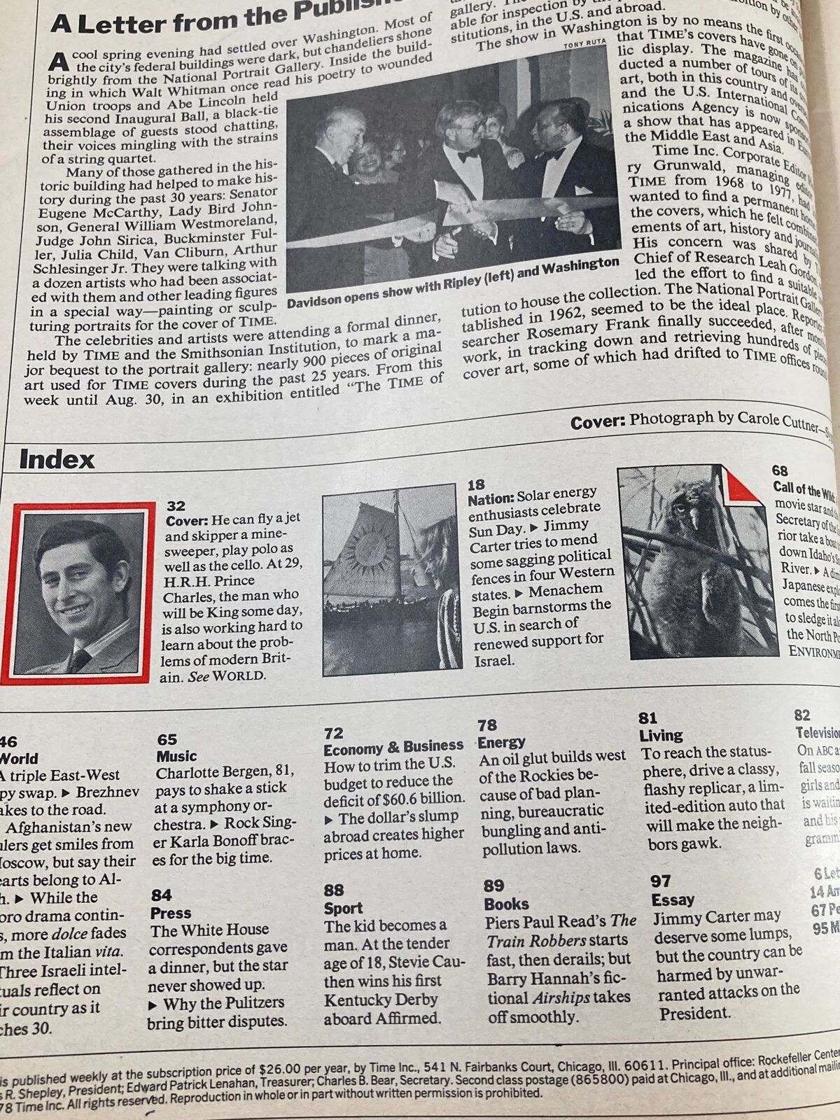 Interior page of the vintage Time Magazine from May 15, 1978, with an index including a reference to Britain's Prince Charles, highlighting stories and articles from that issue.