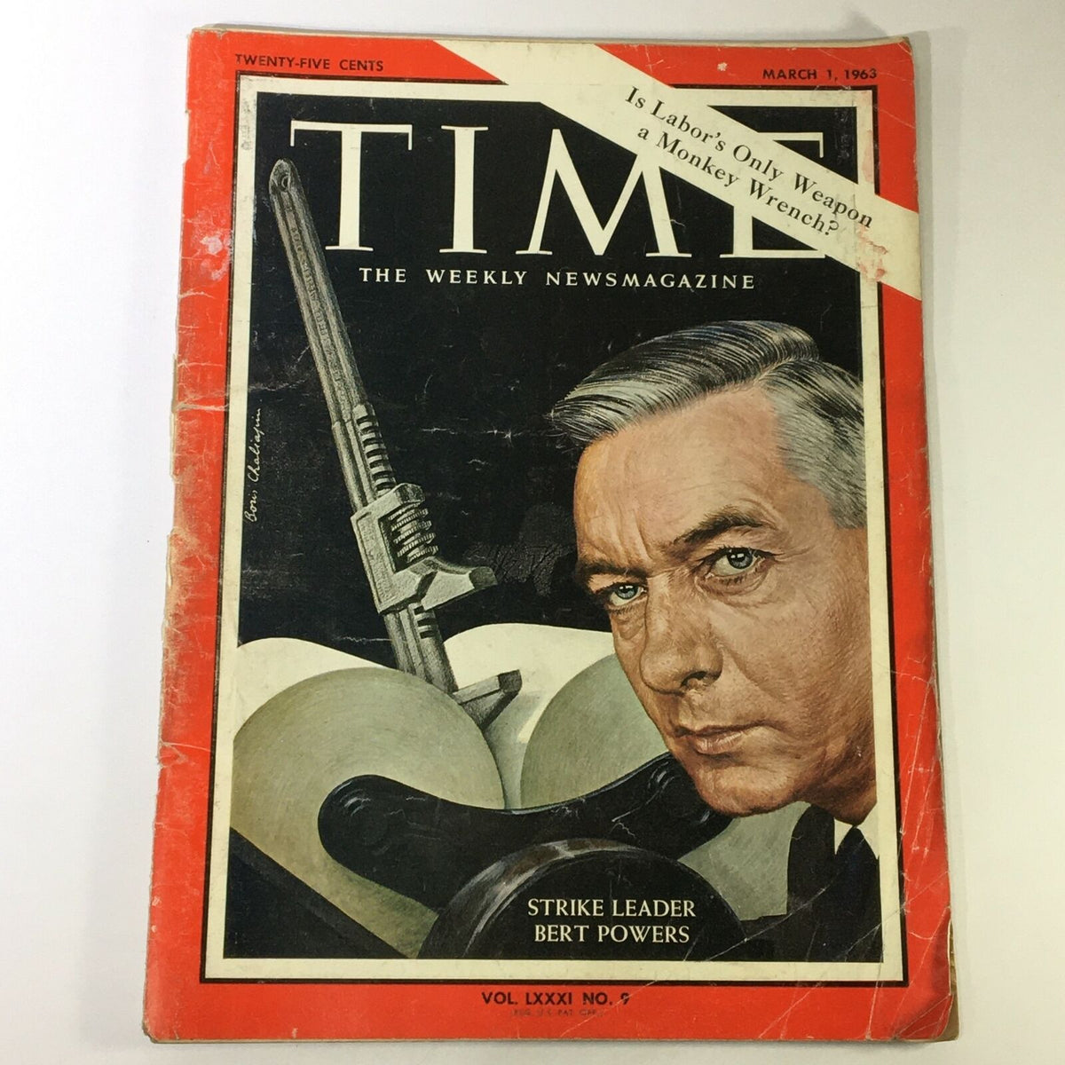 VTG Time Magazine March 1 1963 featuring Strike Leader Bert Powers on the cover, with a striking illustration and bold headline. This vintage magazine captures an important moment in labor history.