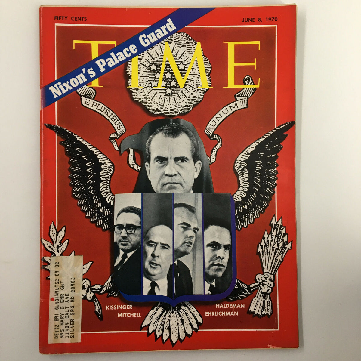 Cover of VTG Time Magazine from June 8, 1970 featuring Richard Nixon, Henry Kissinger, and George Mitchell. The cover headline reads 'Nixon's Palace Guard', showcasing key figures in American politics during a significant era.