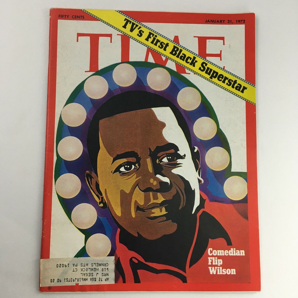 Time Magazine cover from January 31, 1972 featuring TV's First Black Superstar Comedian Flip Wilson, showcasing a colorful and iconic design with the headline 'TV's First Black Superstar'.