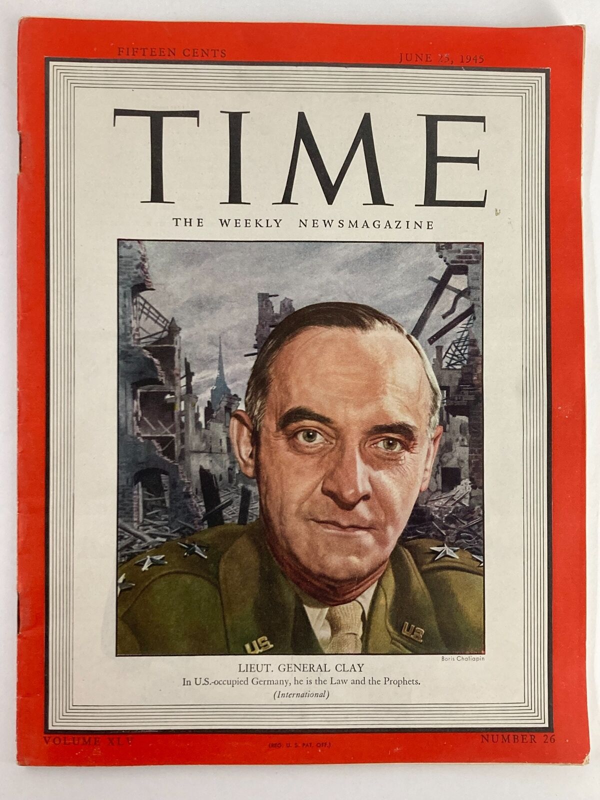 Cover of VTG Time Magazine June 25 1945 Vol 45 #26 featuring Lieut. General Lucius D. Clay, showcasing a portrait illustration against a backdrop of war-torn Germany.
