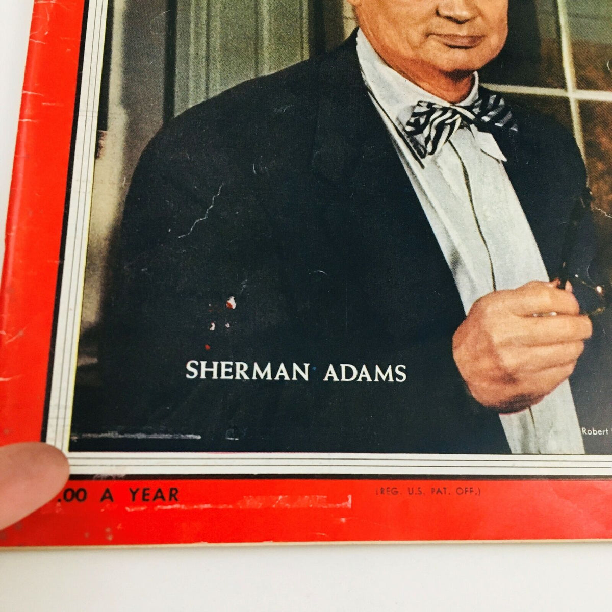 Close-up of the cover of Time Magazine June 30, 1958, Vol. 71 No. 26, highlighting the text 'SHERMAN ADAMS' alongside a detailed view of the magazine's condition and design.