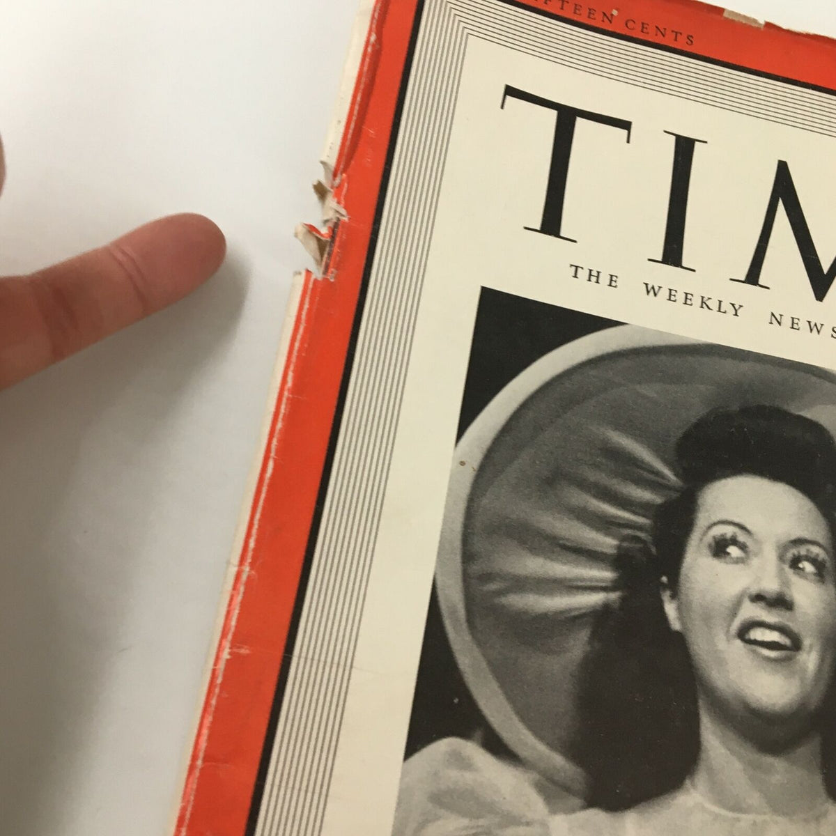 Close-up view of the cover of VTG Time Magazine from October 28, 1940, highlighting Ethel (Panama Hattie) Merman, with visible wear and tear on the edge.