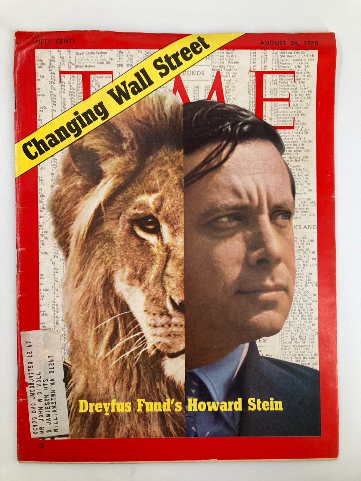 VTG Time Magazine August 24 1970 featuring Howard Stein of the Dreyfus Fund with a striking cover image of a lion and financial charts.