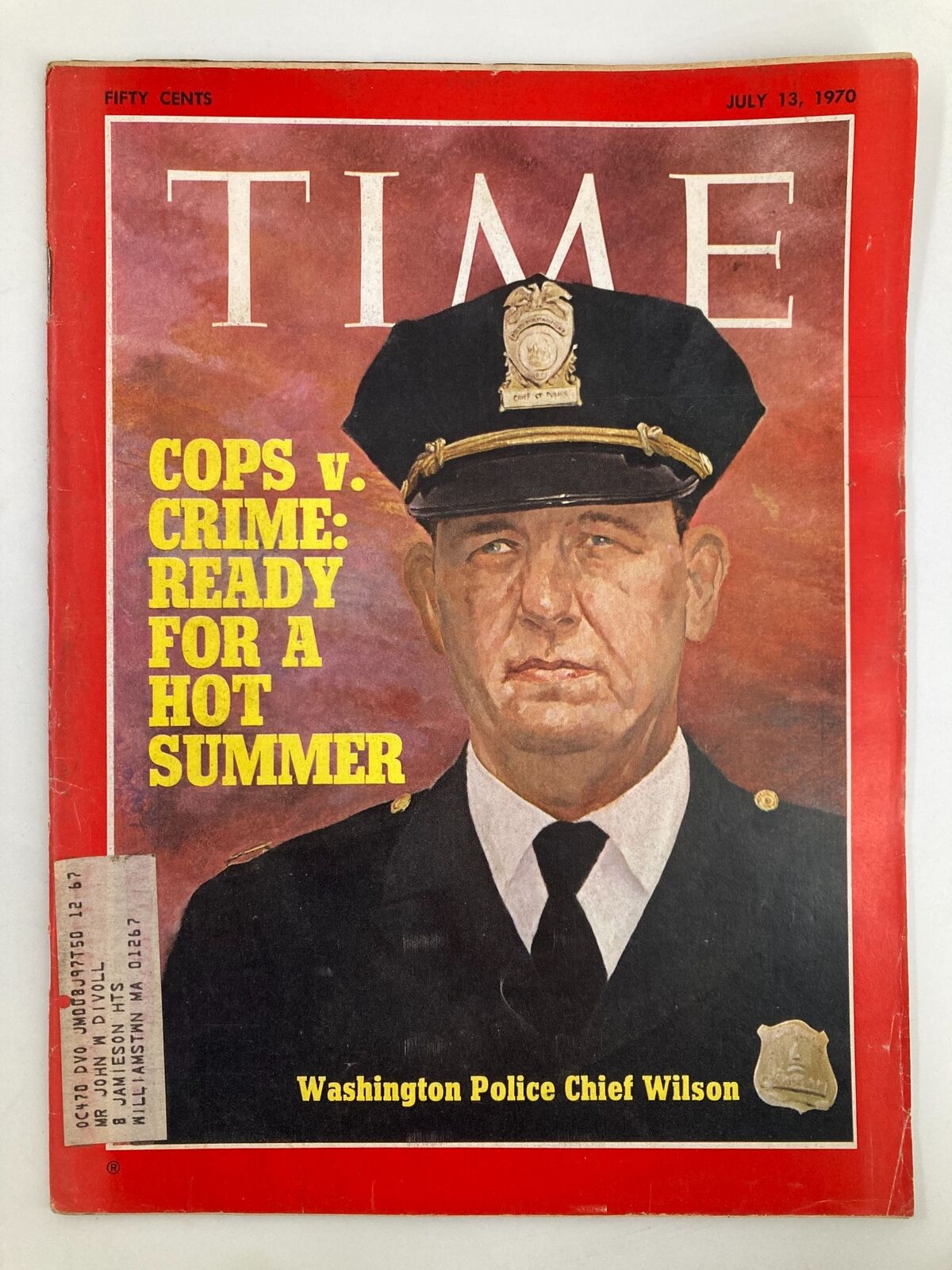 Vintage Time Magazine from July 13, 1970, featuring Washington Police Chief Wilson on the cover, with the headline 'COPS V. CRIME: READY FOR A HOT SUMMER'.