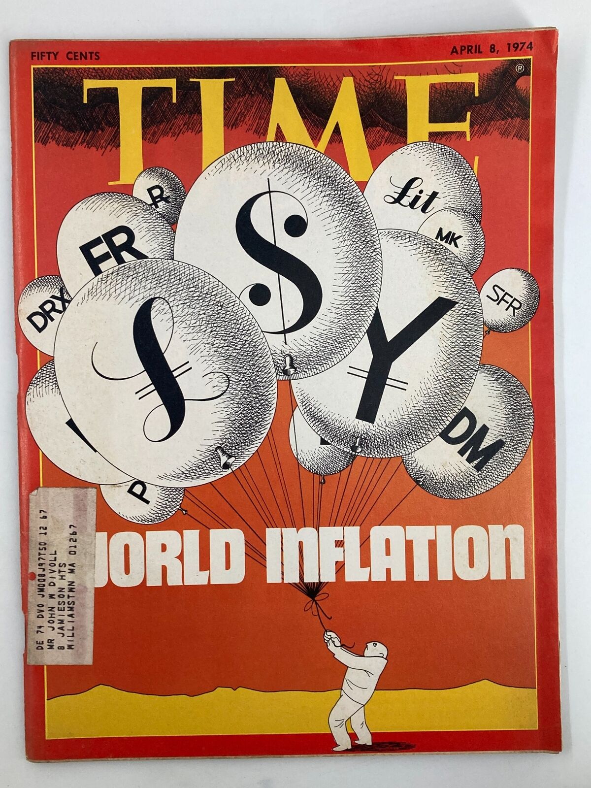 VTG Time Magazine from April 8, 1974, featuring the cover title 'The World Inflation' with balloons and dollar signs, illustrating economic themes.