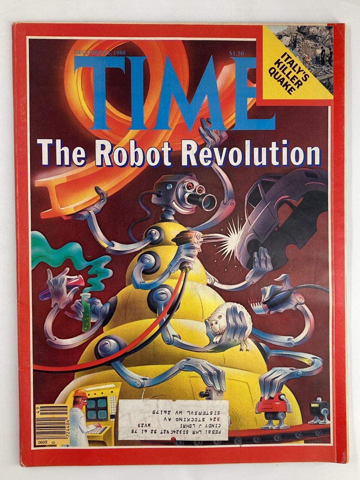 Vintage Time Magazine from December 8, 1980, featuring the cover story 'The Robot Revolution' with artwork depicting robots and technology, and a sidebar highlighting 'Italy's Killer Quake.'