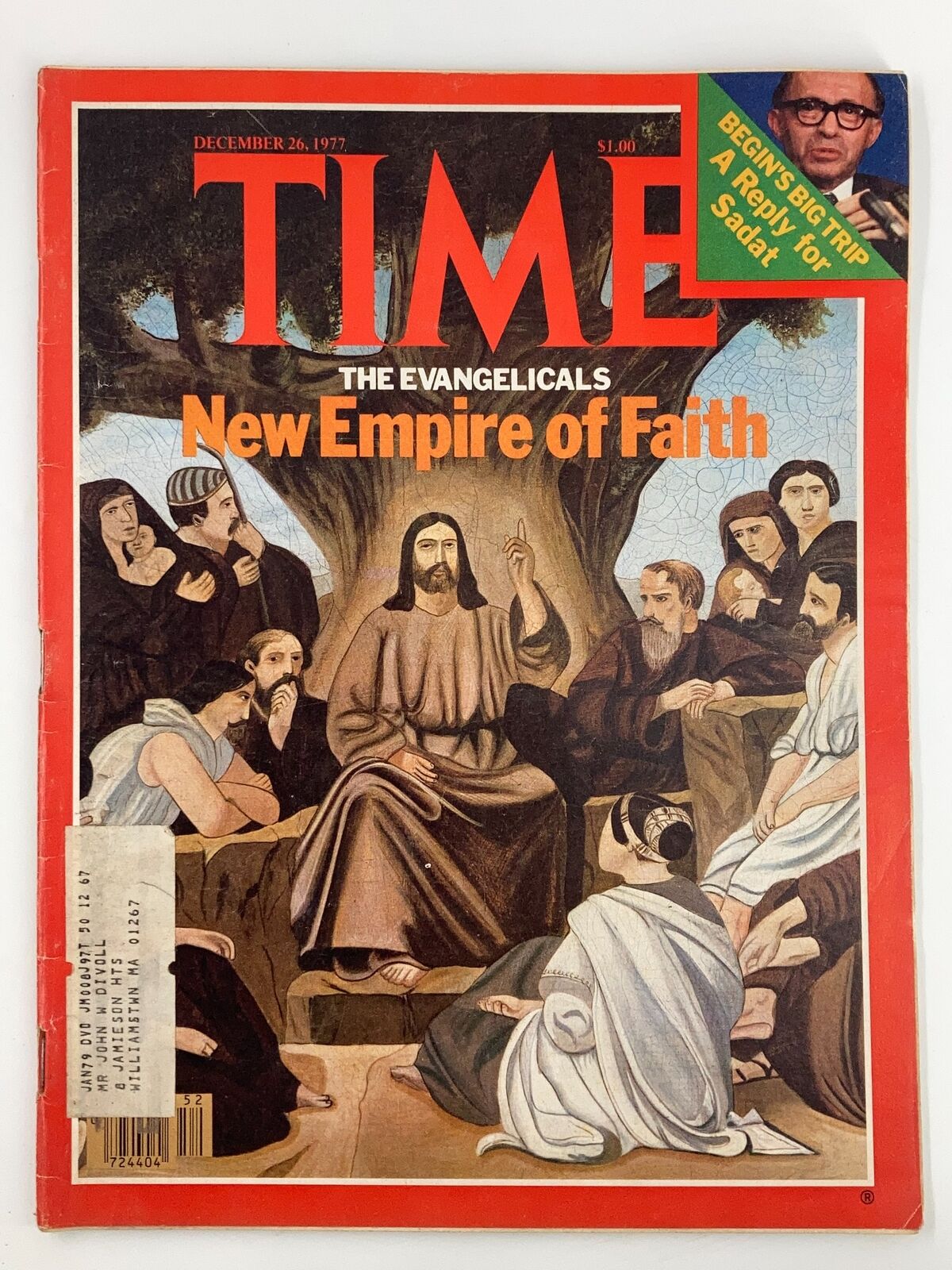 Cover of VTG Time Magazine from December 26, 1977, featuring an illustration related to 'The Evangelicals: New Empire of Faith', showcasing various figures in a historical setting.
