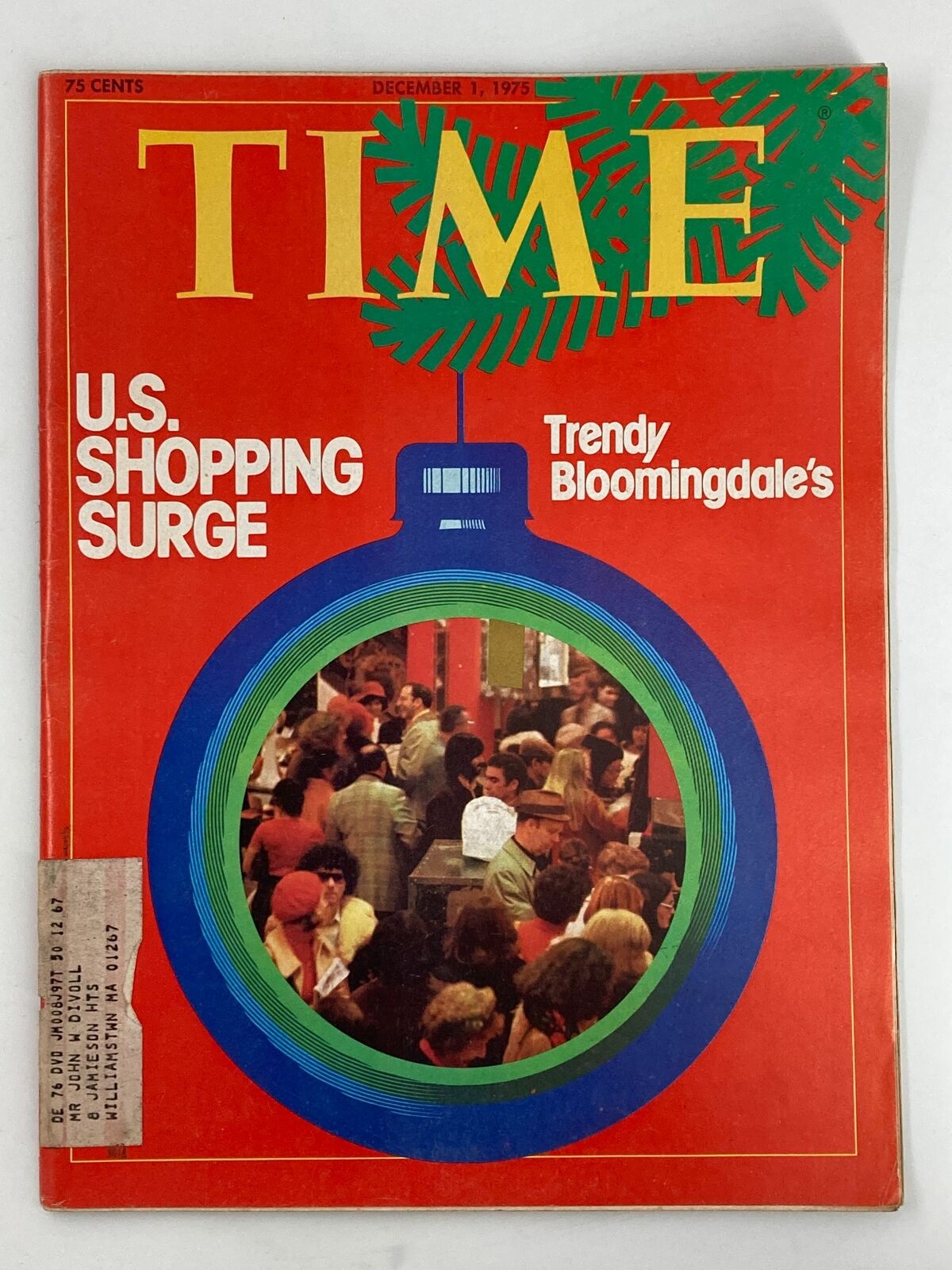 Cover of VTG Time Magazine December 1 1975 featuring the headline 'U.S. Shopping Surge' with a vibrant red background and an illustration referencing Trendy Bloomingdale's.