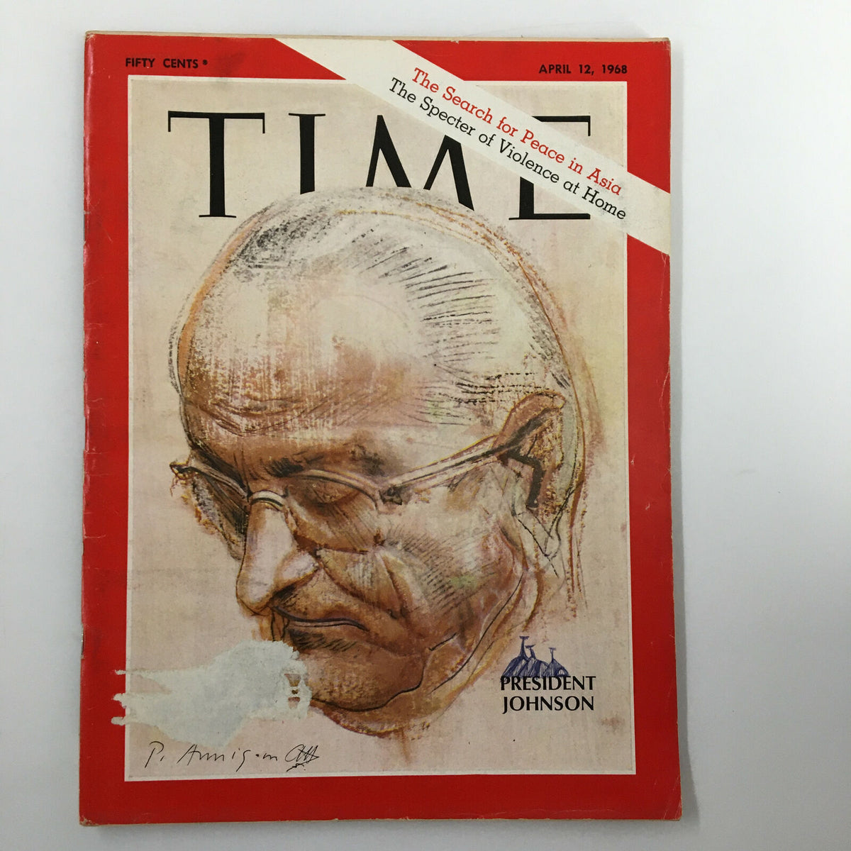 VTG Time Magazine April 12 1968 featuring a cover illustration of President Lyndon B. Johnson, highlighting his profile with a focus on his glasses and expression.