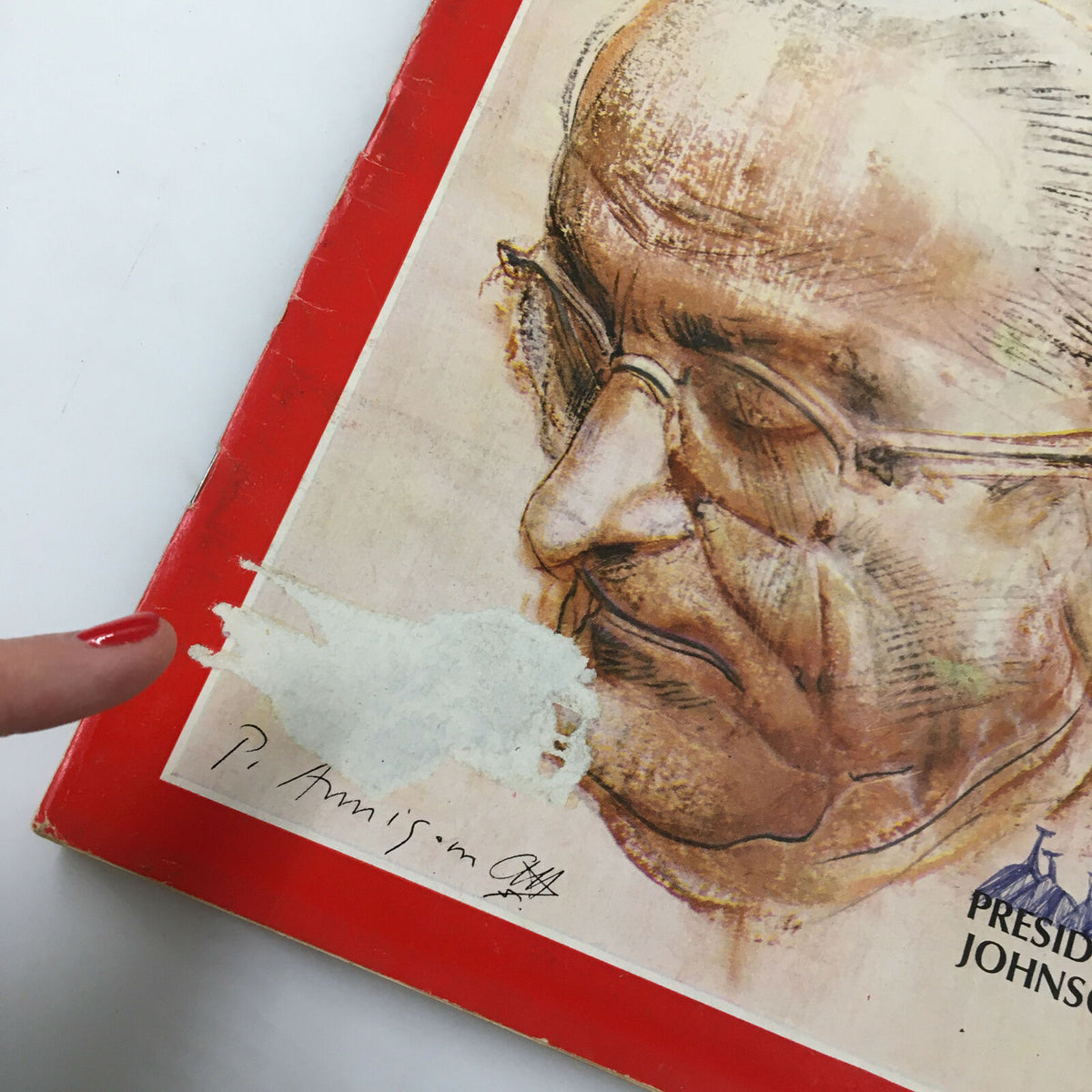 Close-up view of the cover of VTG Time Magazine April 12 1968, showing a detailed illustration of President Lyndon B. Johnson with the artist's signature.