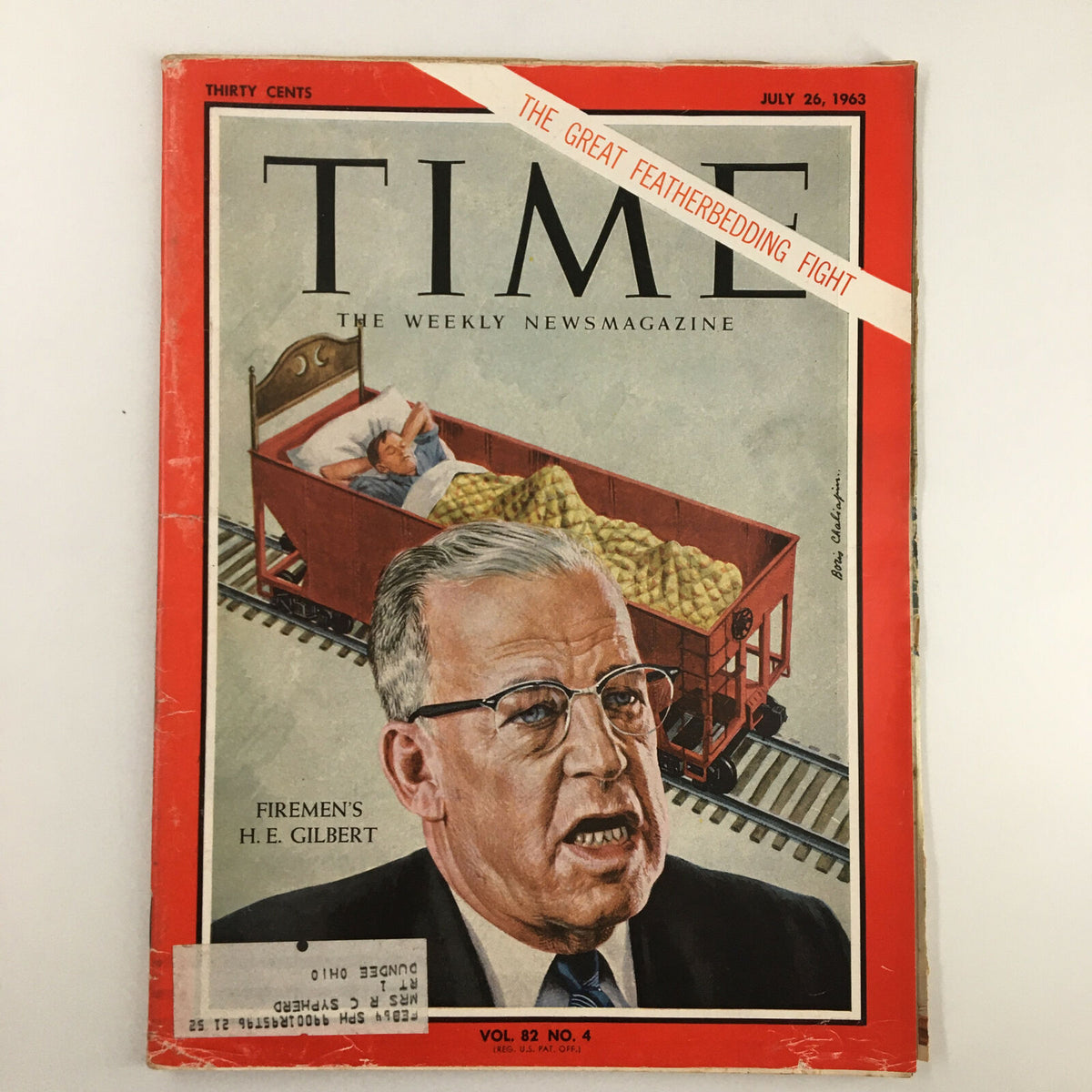 VTG Time Magazine July 26 1963 featuring a cover illustration on firemen's H. E. Gilbert with a sleeping man in a train car. Volume 82, Issue 4.