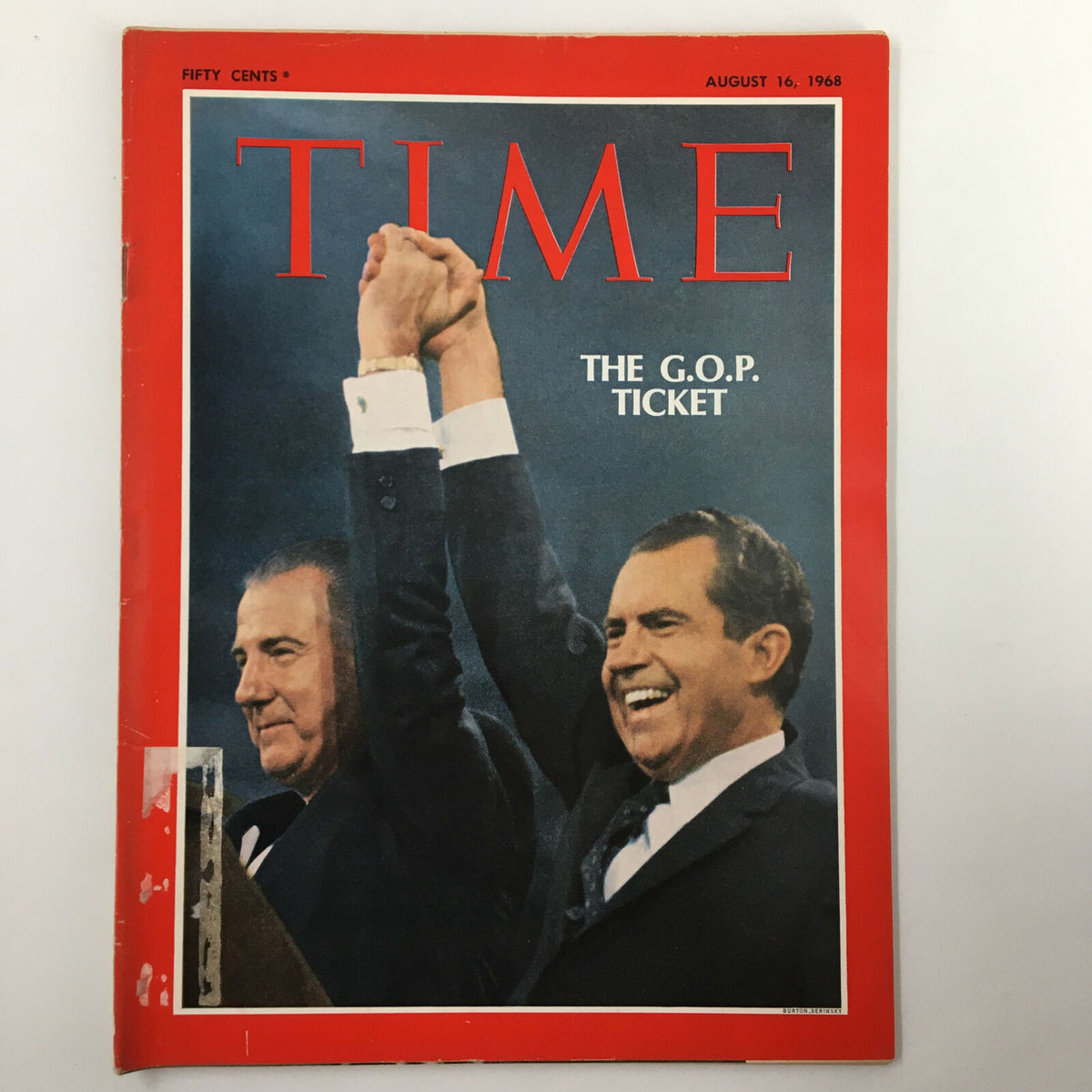 Vintage Time Magazine from August 16, 1968 featuring Spiro Agnew and Richard Nixon on the cover, showcasing the G.O.P. ticket in a historical political context.
