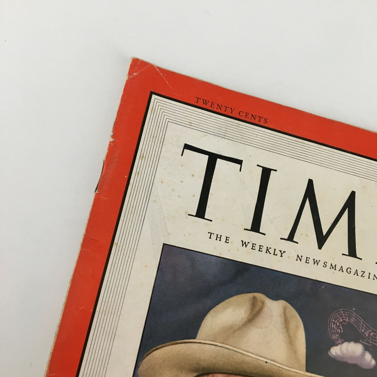 Close-up view of the cover of VTG Time Magazine from May 22, 1950 featuring the title prominently. This edition highlights President Harry S. Truman and showcases signs of age with wear on the corners and vintage character.