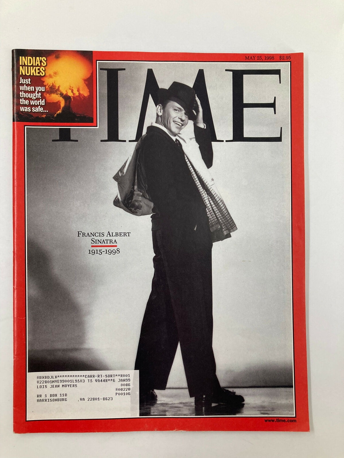Cover of Time Magazine dated May 25, 1998, featuring a tribute to Francis Albert Sinatra, showcasing his portrait and the years of his life, 1915-1998.
