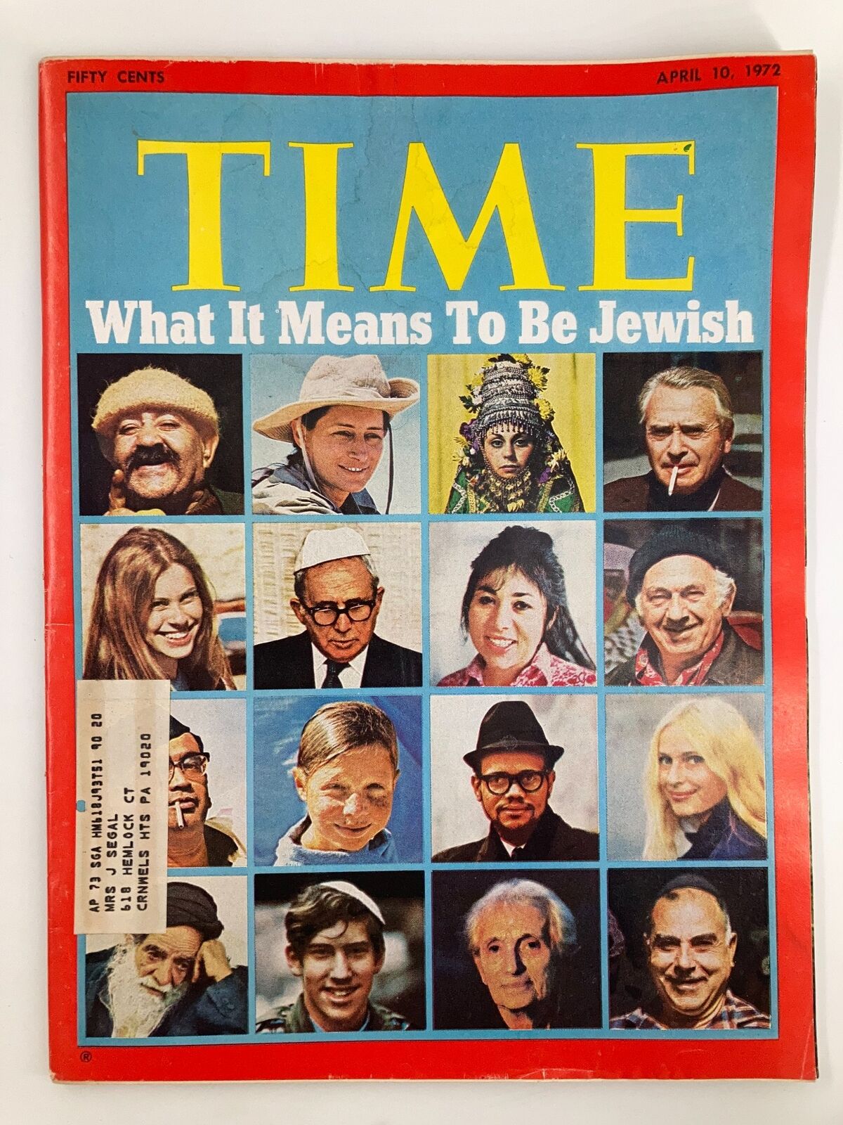 Cover of VTG Time Magazine from April 10, 1972 titled 'What It Means To Be Jewish', featuring diverse portraits of individuals representing various aspects of Jewish identity.