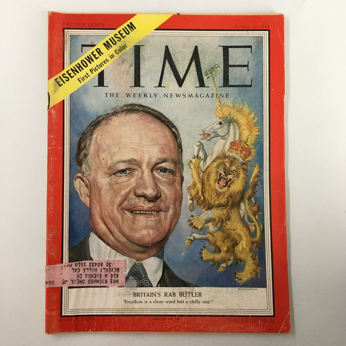 Front cover of the VTG Time Magazine April 5 1954 Vol. 63 No. 14 featuring Britain's Rab Butler with an illustration of a lion and a unicorn.