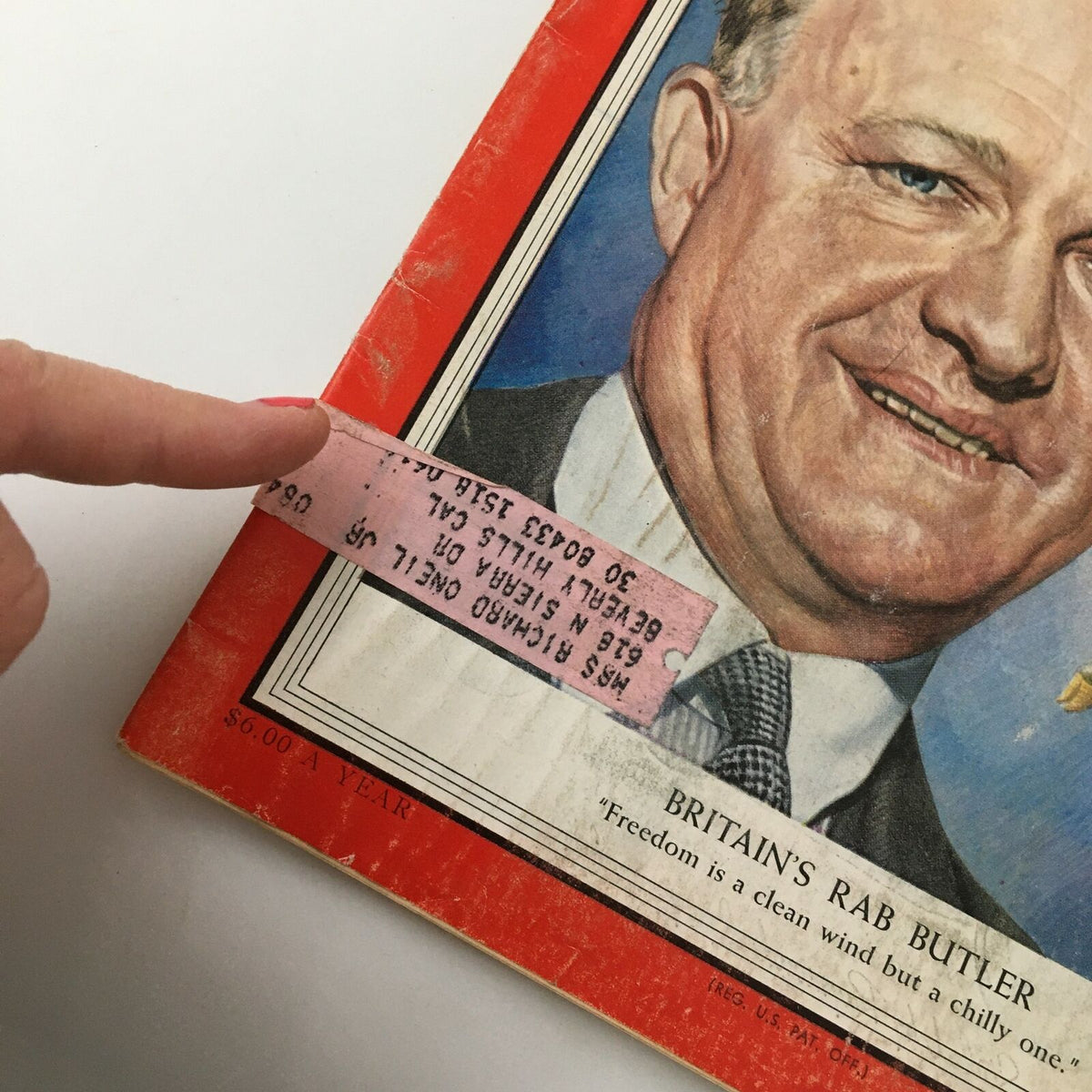 Close-up of the front cover label on the VTG Time Magazine April 5 1954 Vol. 63 No. 14 highlighting the price and condition of the magazine.