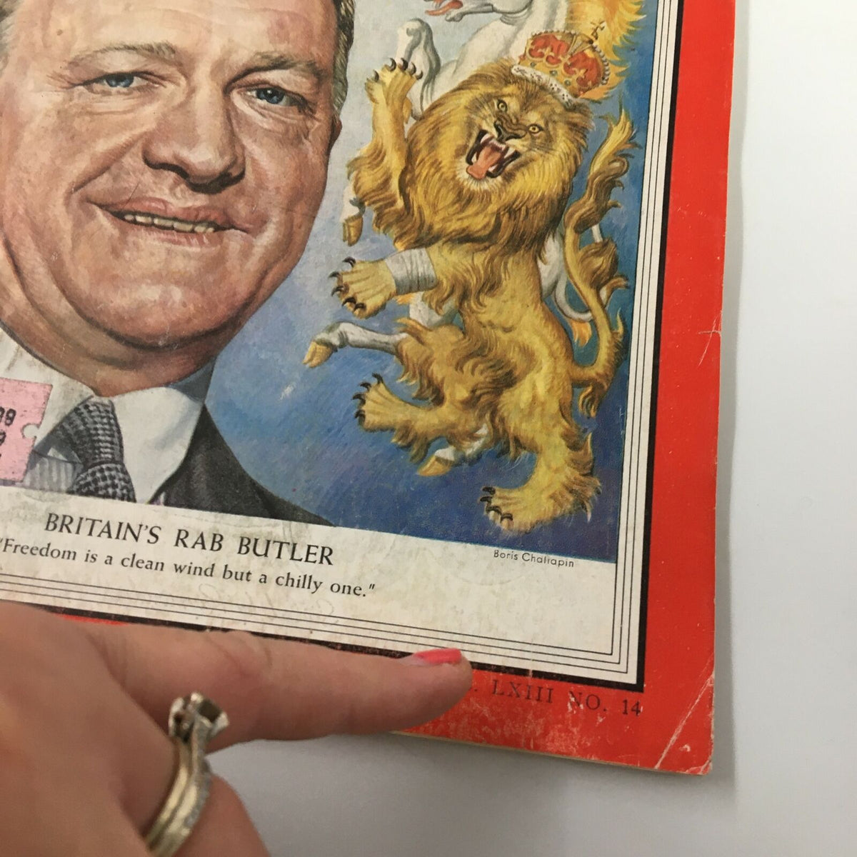 Detailed view of the title and author's quotation on the front cover of the VTG Time Magazine April 5 1954 Vol. 63 No. 14 featuring Britain's Rab Butler.