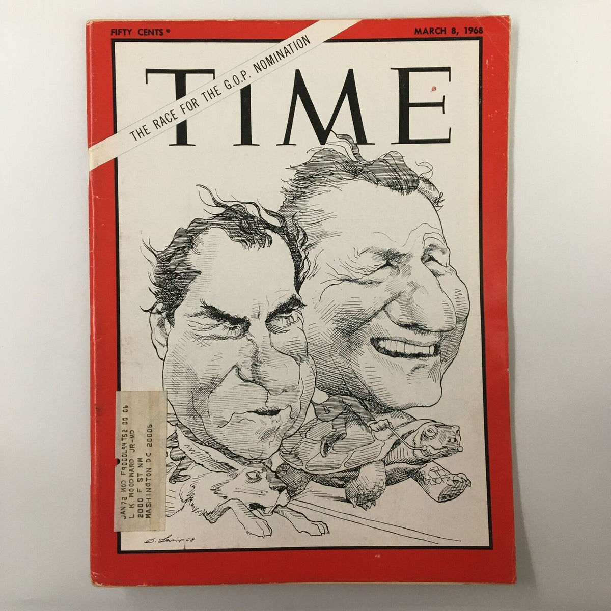 VTG Time Magazine from March 8, 1968 featuring Richard Nixon and Nelson Rockefeller, highlighting the GOP nomination race with a vibrant illustrated cover.