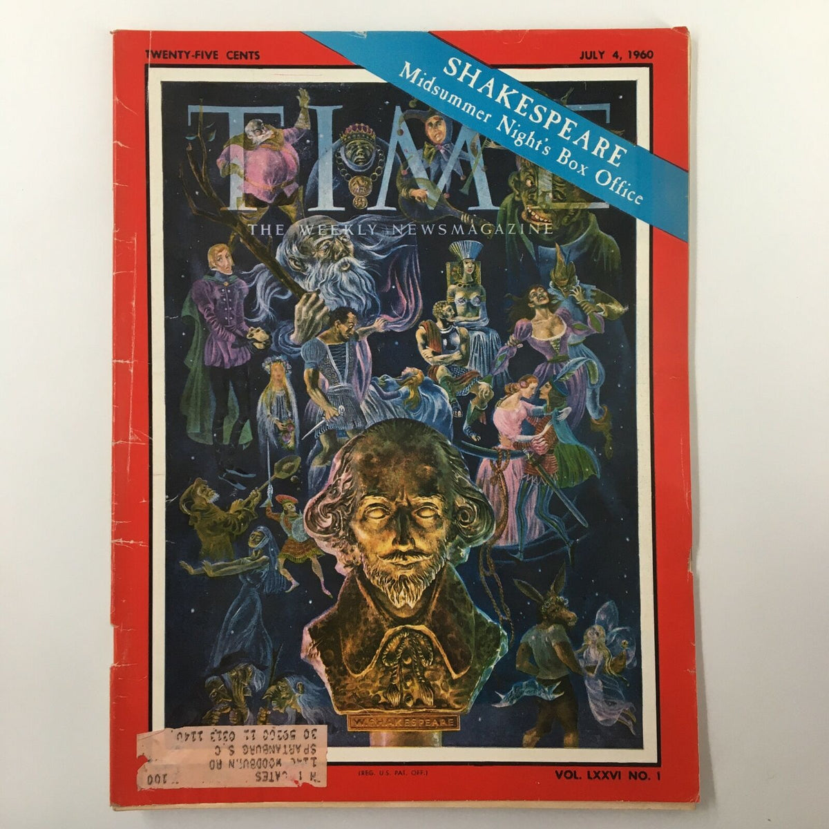 Vintage Time Magazine July 4 1960 Vol. 76 No. 1 featuring William Shakespeare's Midsummer Night's Dream on the cover, showcasing artistic illustrations and a bust of Shakespeare, in good condition with protective covering.
