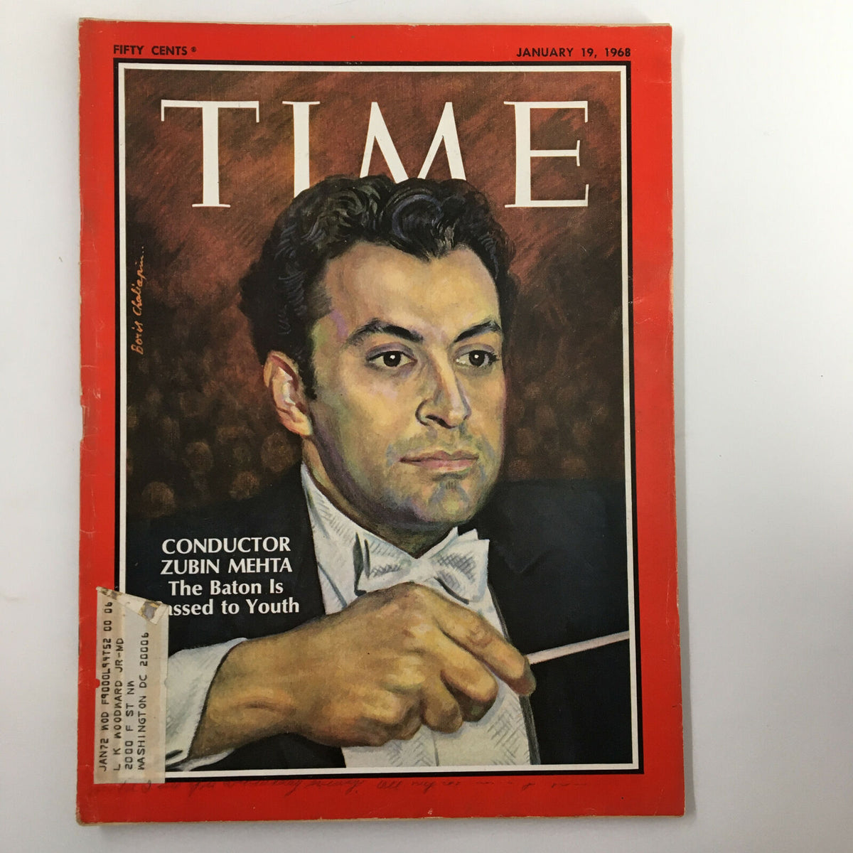 Cover of VTG Time Magazine January 19, 1968, featuring conductor Zubin Mehta, showcasing the headline 'The Baton is Passed to Youth' with vibrant red background and artistic portrait.