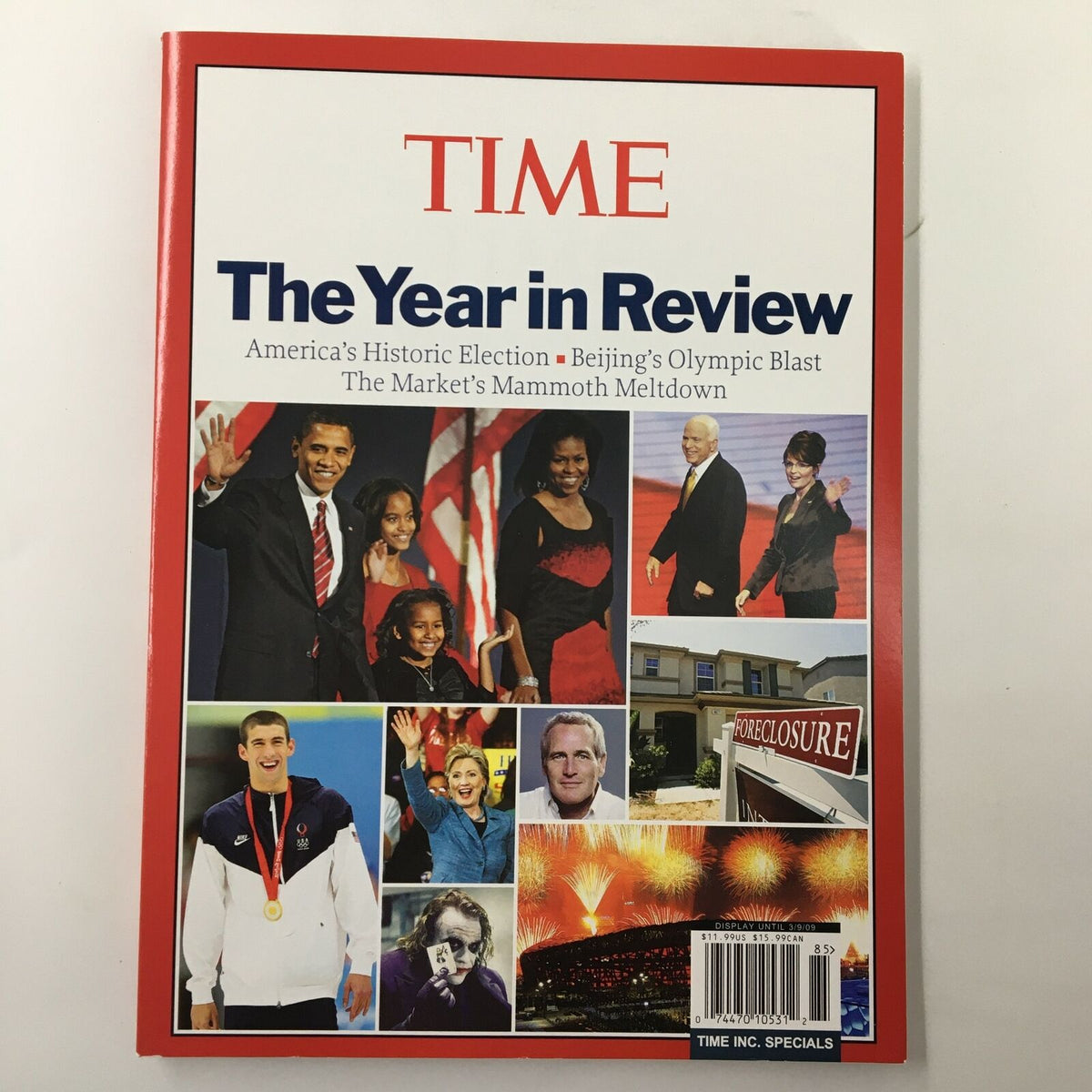Time Magazine March 2009 The Year in Review featuring America's Historic Election cover, showcasing Barack Obama and family, Olympic athlete, and various significant political figures.