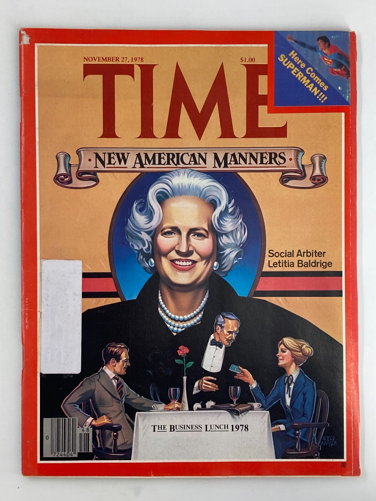 VTG Time Magazine November 27 1978 cover featuring social arbiter Letitia Baldrige, showcasing an illustration depicting elegant American manners with a dining scene.