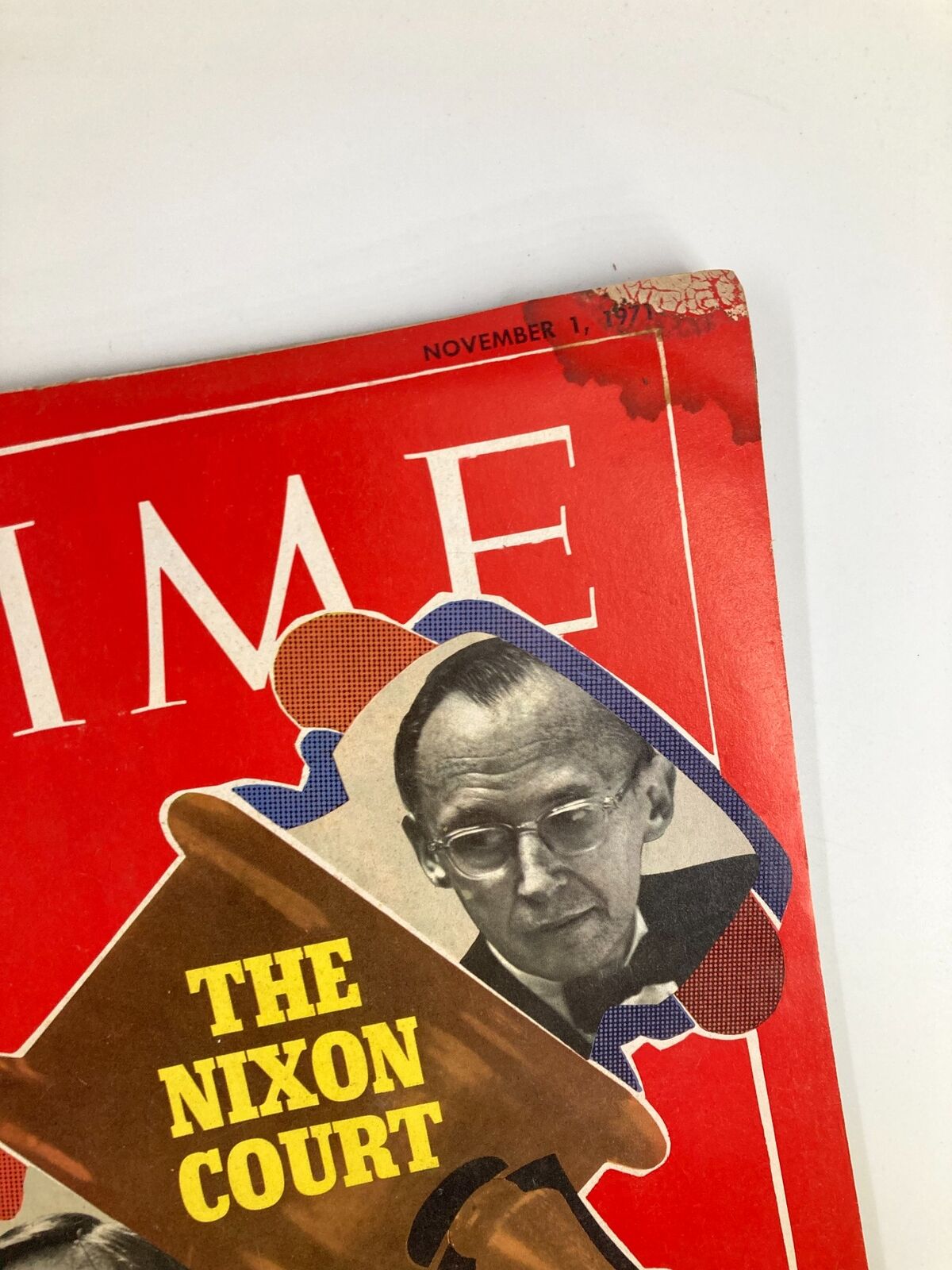 Close-up of the cover of VTG Time Magazine from November 1, 1971 highlighting 'The Nixon Court' with images of William H. Rehnquist and Lewis F. Powell Jr.
