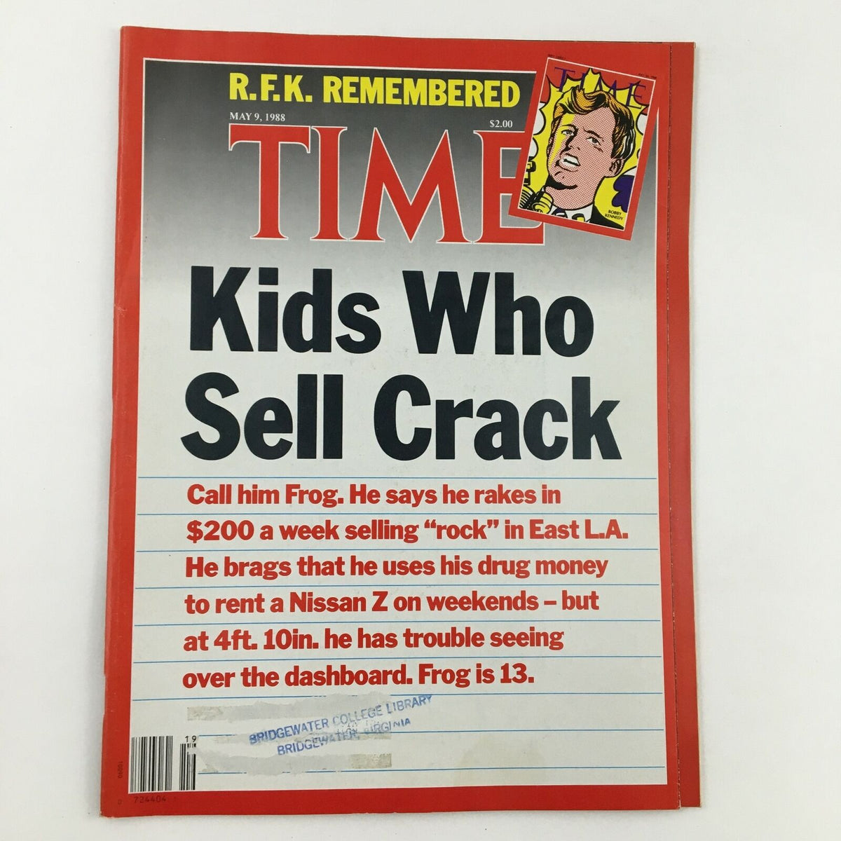 Cover of Time Magazine May 9 1988, featuring the title 'Kids Who Sell Crack'. The magazine discusses youth entrepreneurship in East L.A. with a striking design from the late 80s.