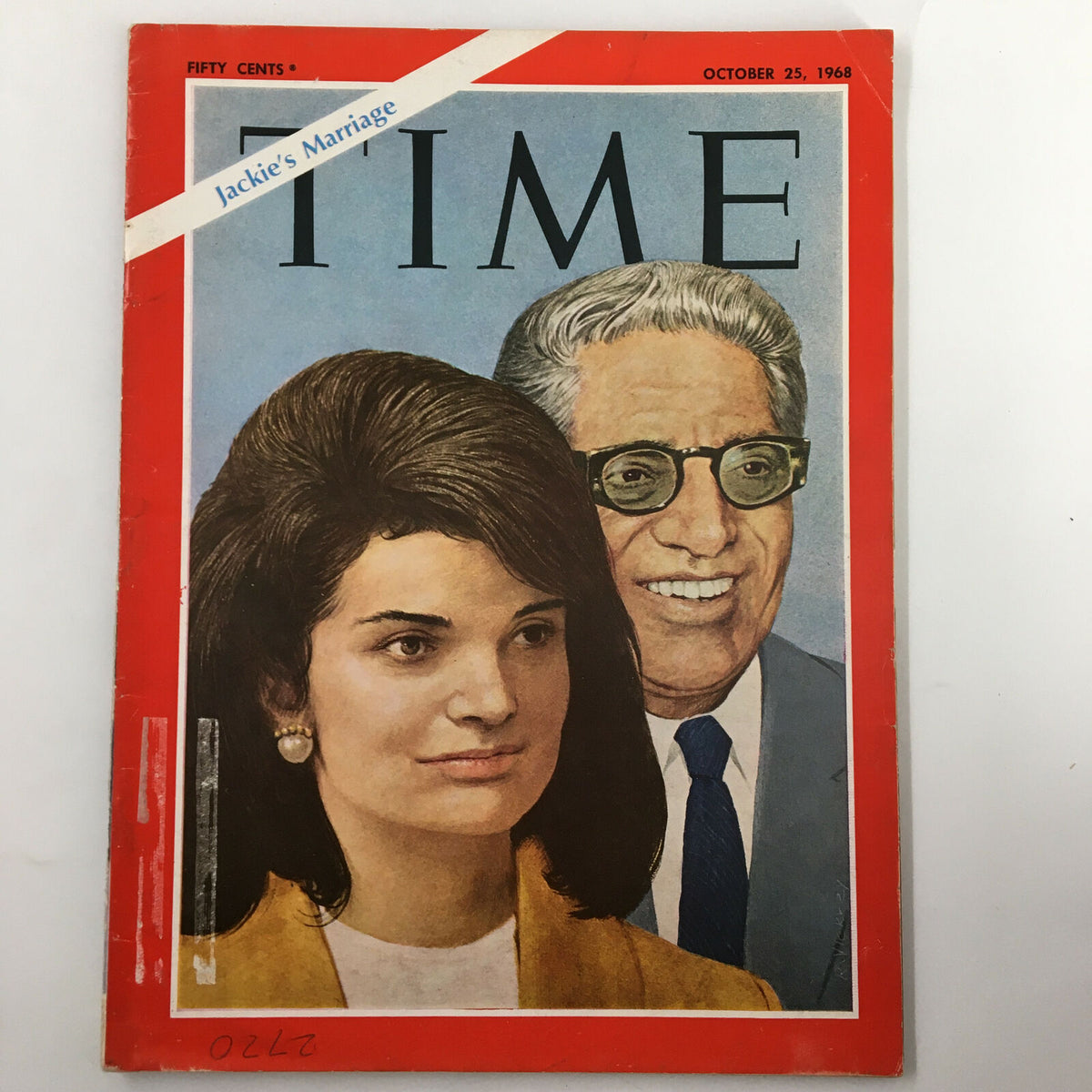 Cover of VTG Time Magazine October 25 1968, featuring Jackie Kennedy and Aristotle Onassis, highlighting Jackie’s marriage with vibrant artwork, capturing a historical moment in American culture.