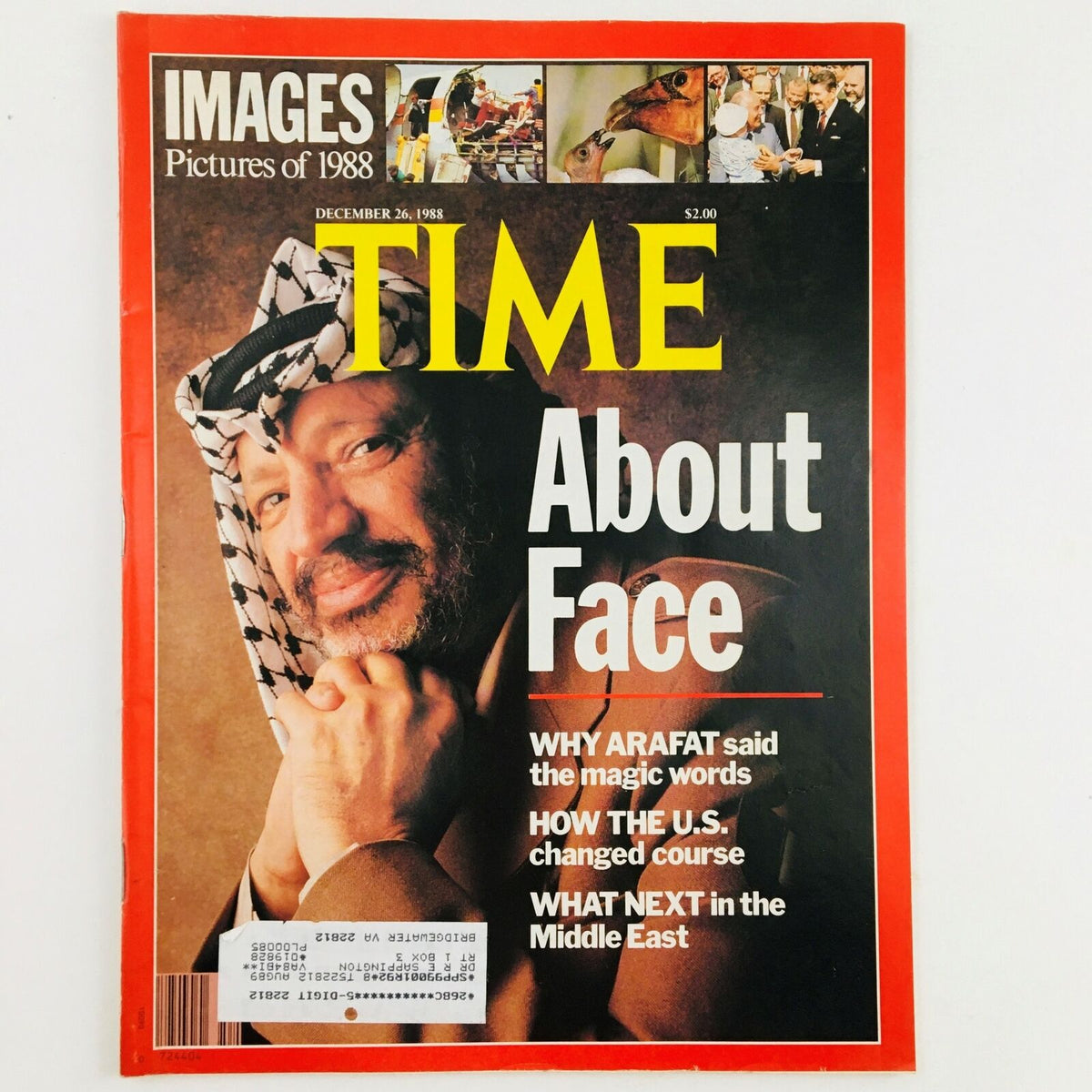 Vintage Time Magazine from December 26, 1988, featuring Yasser Arafat on the cover, with the title 'About Face' highlighting the political landscape of the Middle East.