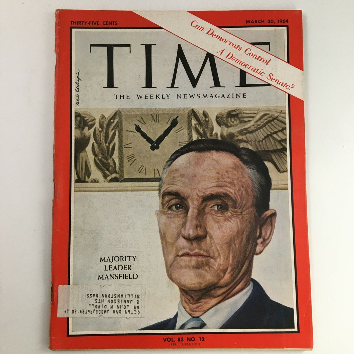 Time Magazine March 20, 1964 Vol 83 #12 featuring Majority Leader Michael Joseph Mansfield on the cover. The magazine showcases a portrait of Mansfield alongside a clock and the title 'Can Democrats Control A Democratic Senate?' along with issue details.