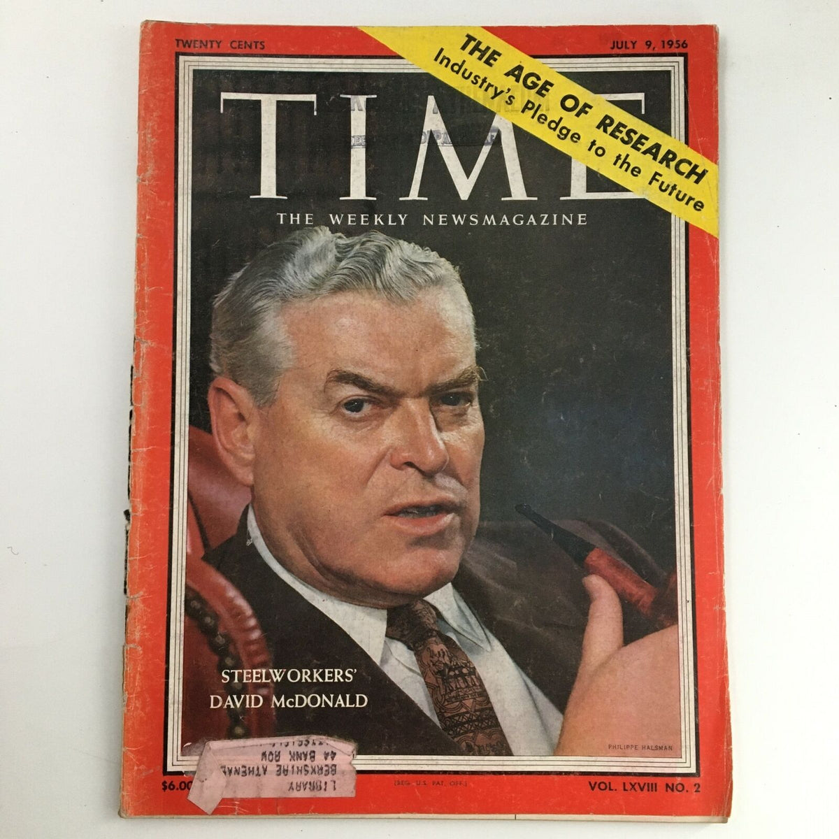 Cover of Time Magazine from July 9, 1956, Vol 68 #2 featuring Steelworkers' President David John McDonald, highlighting the theme of 'The Age of Research'.