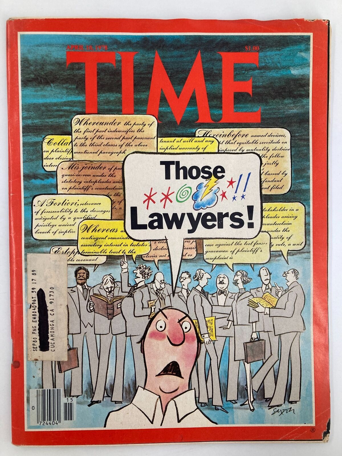 Cover image of the vintage Time Magazine from April 10, 1978 titled 'Those Cursed Words Lawyers'. Featuring a colorful illustration with a surprised character and legal themes.