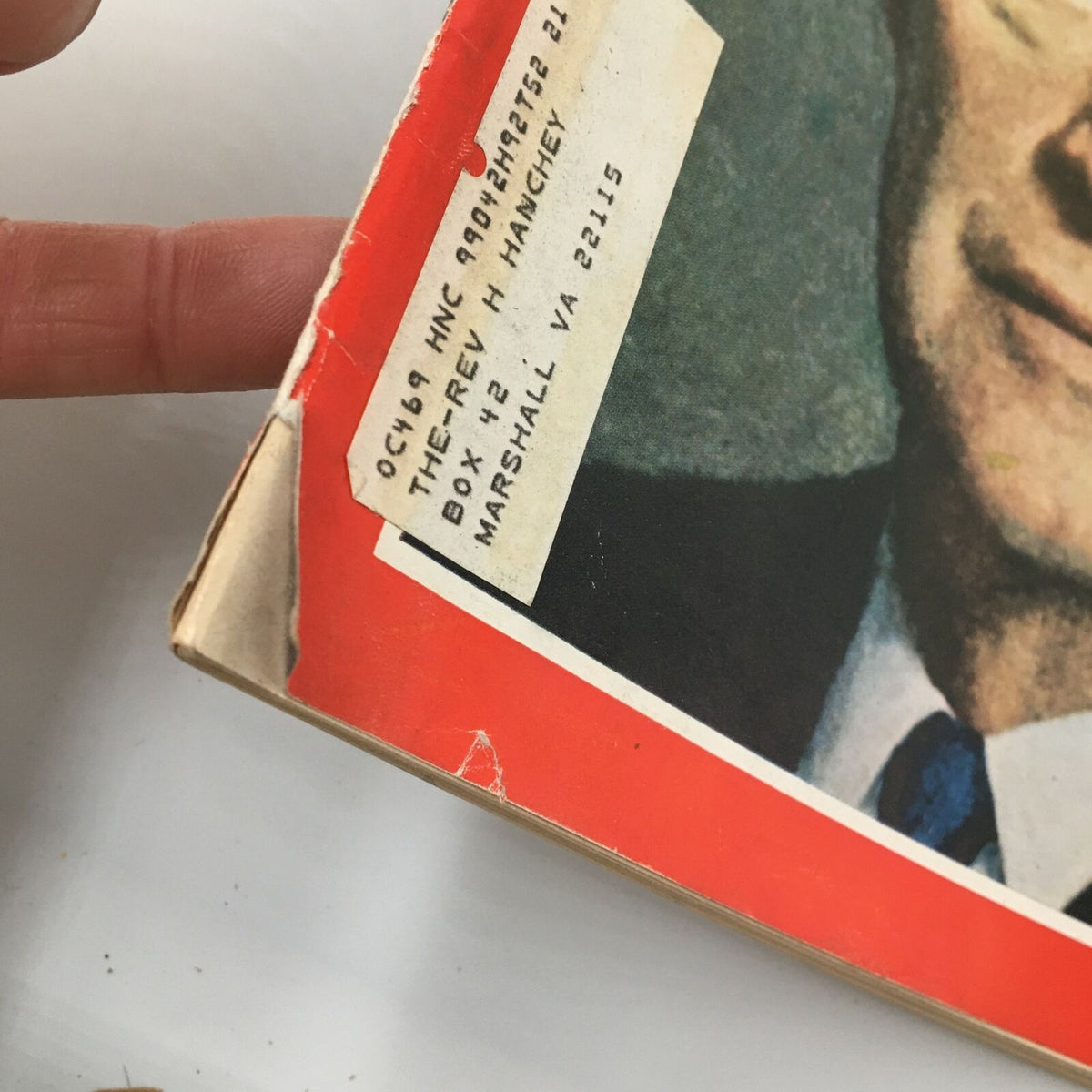 Detail of the top corner of the April 4, 1969 VTG Time Magazine cover with a label and minor wear, featuring Dwight D. Eisenhower, 1890-1969.
