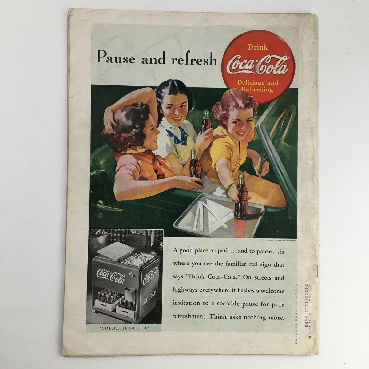 Back cover of a vintage Coca-Cola advertisement from the 1930s, illustrating three cheerful girls enjoying drinks with the tagline "Pause and refresh".