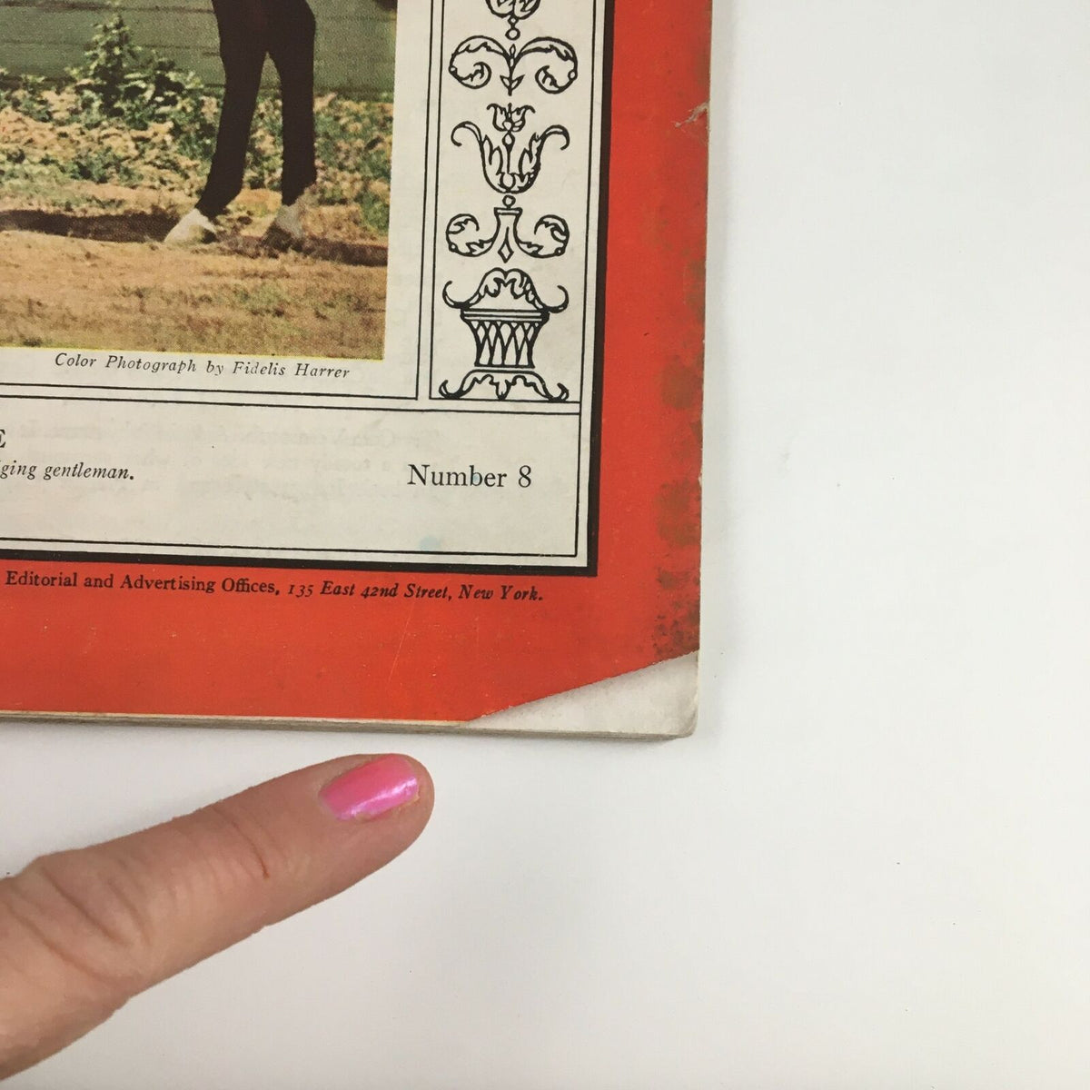 Side view of Time Magazine August 20 1934 showing minor wear and the magazine's edge, part of Volume 24 Number 8, with a focus on its vintage condition.