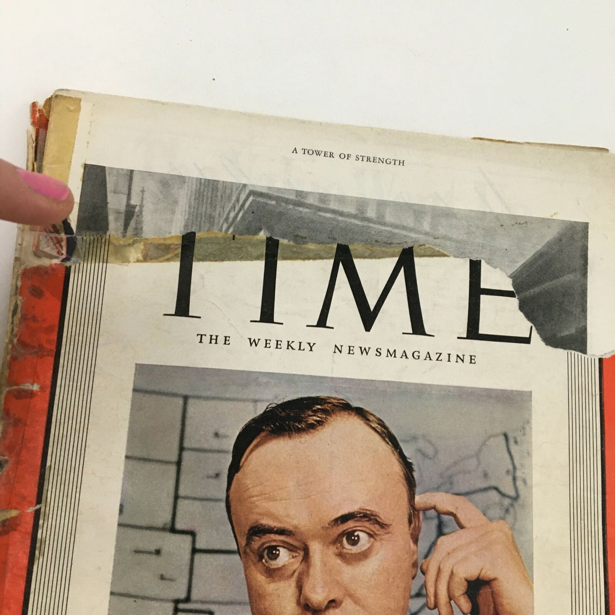 Detail view of the cover of Time Magazine from November 21, 1938, Vol 32 #24 featuring Elmer F. Andrews, highlighting imperfections and vintage charm.