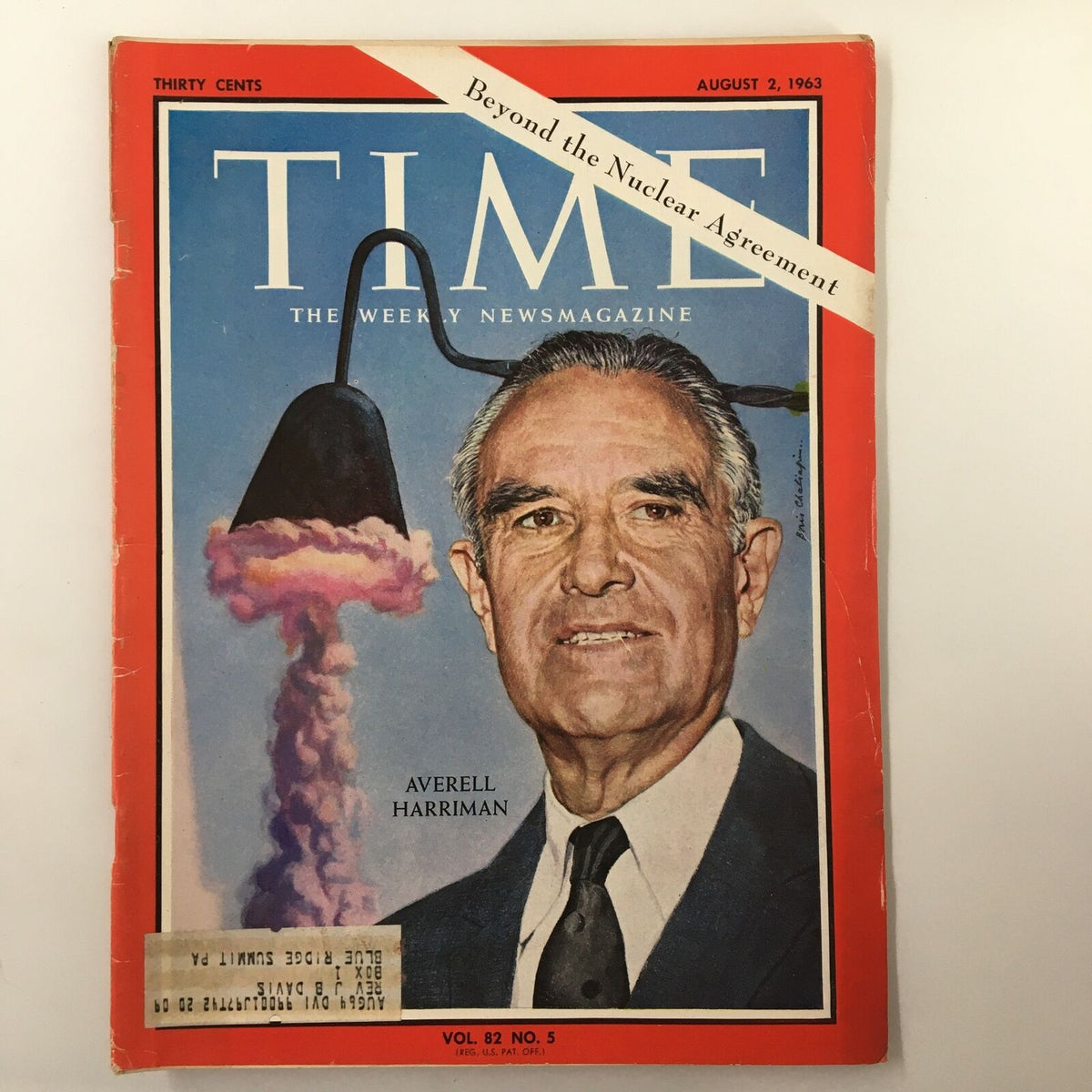 Cover of VTG Time Magazine from August 2, 1963, featuring Averell Harriman and the headline 'Beyond the Nuclear Agreement'. The magazine illustrates nuclear themes with a visual of a mushroom cloud, highlighting the political climate of the era.