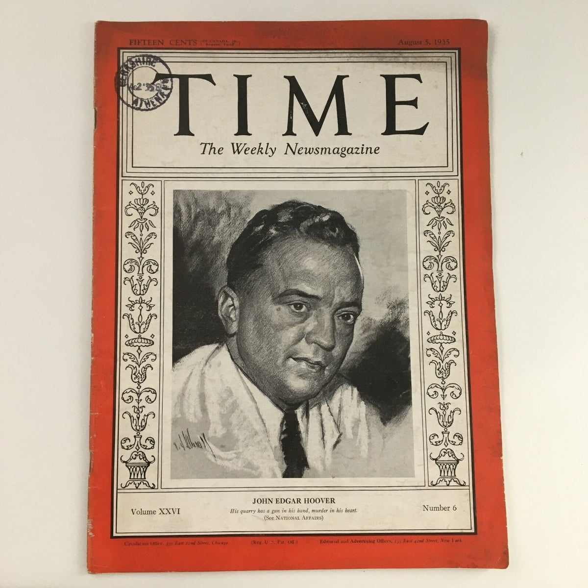 Time Magazine August 5, 1935, featuring John Edgar Hoover on the cover as the FBI's first director. The magazine includes an artistic portrait of Hoover and is in good condition.