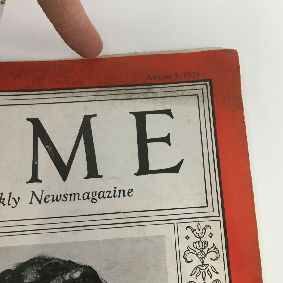 Close-up of the Time Magazine dated August 5, 1935. The image displays part of the magazine cover featuring John Edgar Hoover, emphasizing the date and magazine title.