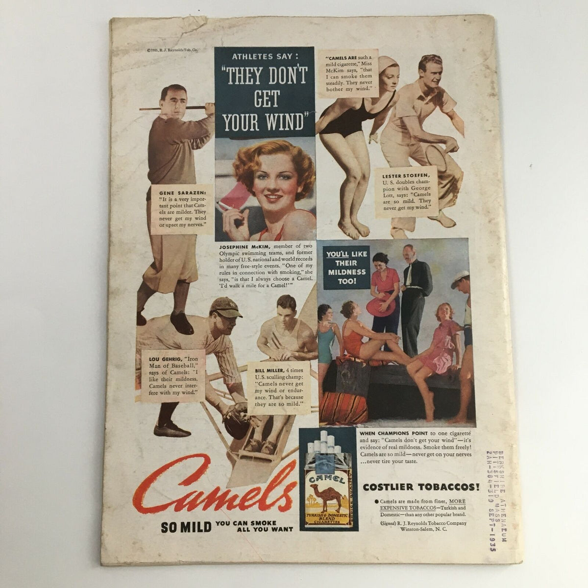 Back cover of Time Magazine August 5 1935 Vol 26 #6 displaying a retro Camel cigarettes ad, highlighting testimonials from famous athletes about the brand's mildness.